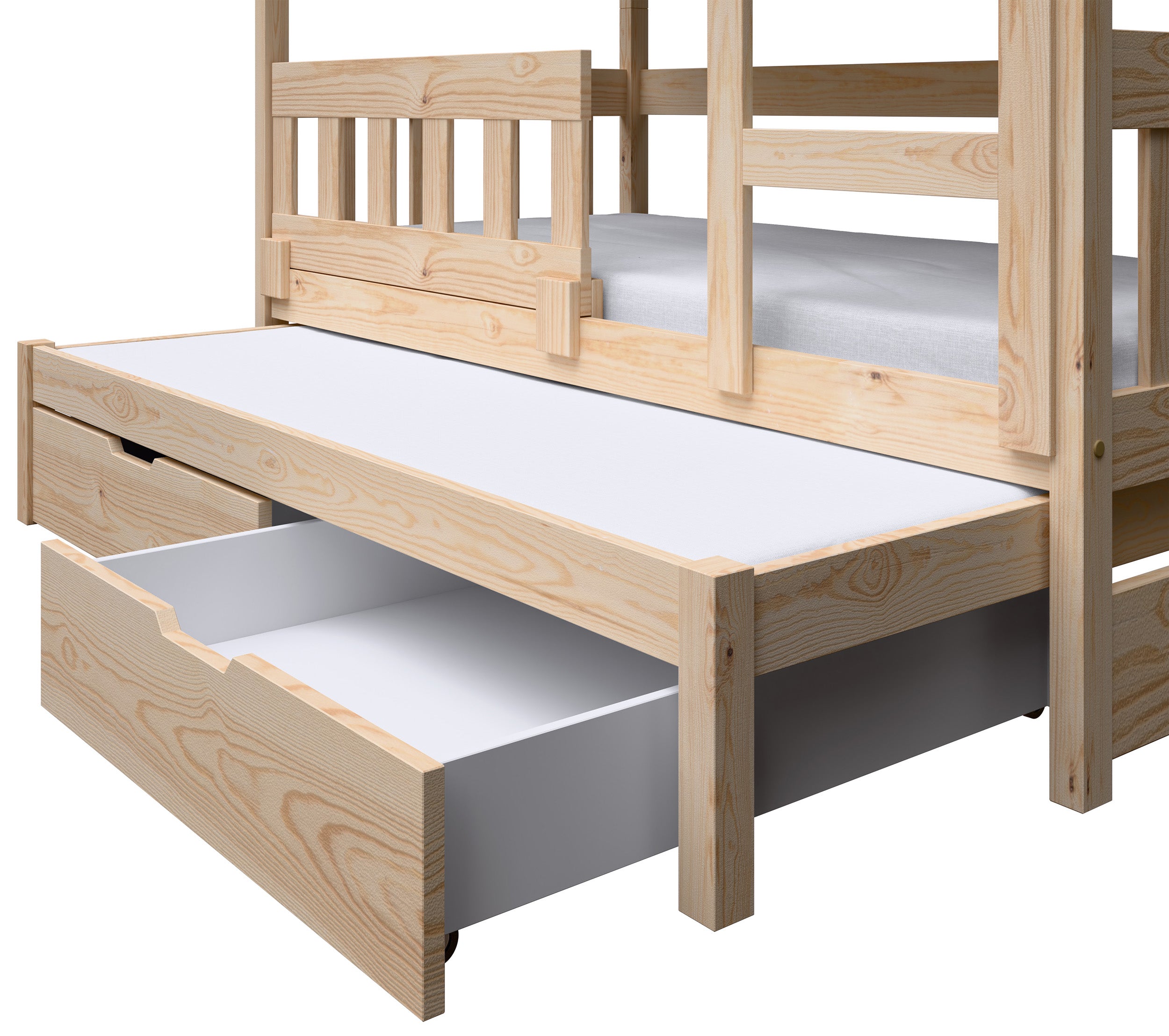 Etagenbett 75x180 cm Vistena für drei Personen, Hausform mit Schubladen, Kiefernholz