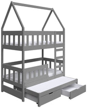 Etagenbett 75x180 cm Vistena für drei Personen, Hausform, mit Matratzen und Schubladen, grau