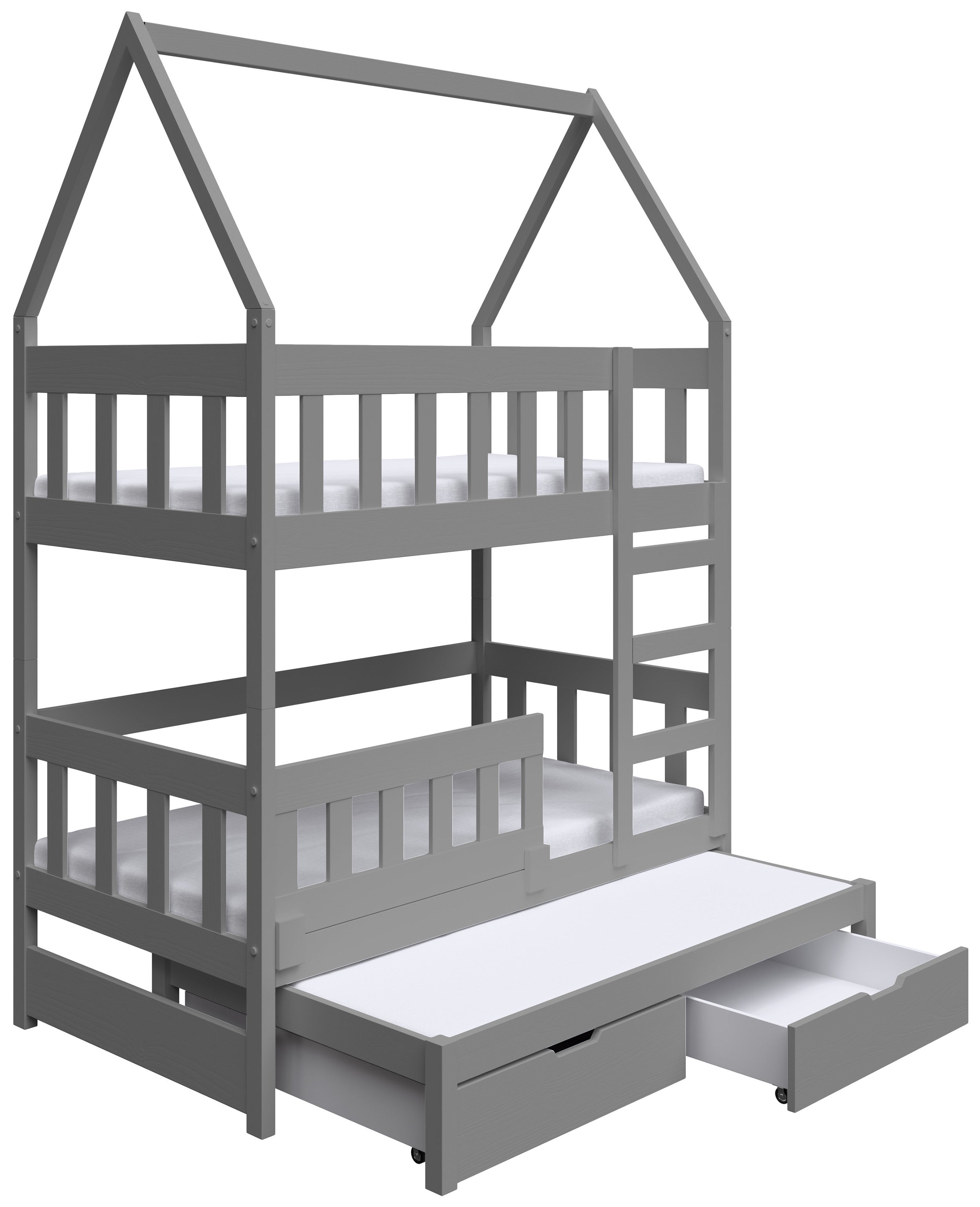 Etagenbett 75x180 cm Vistena für drei Personen, Hausform, mit Matratzen und Schubladen, grau