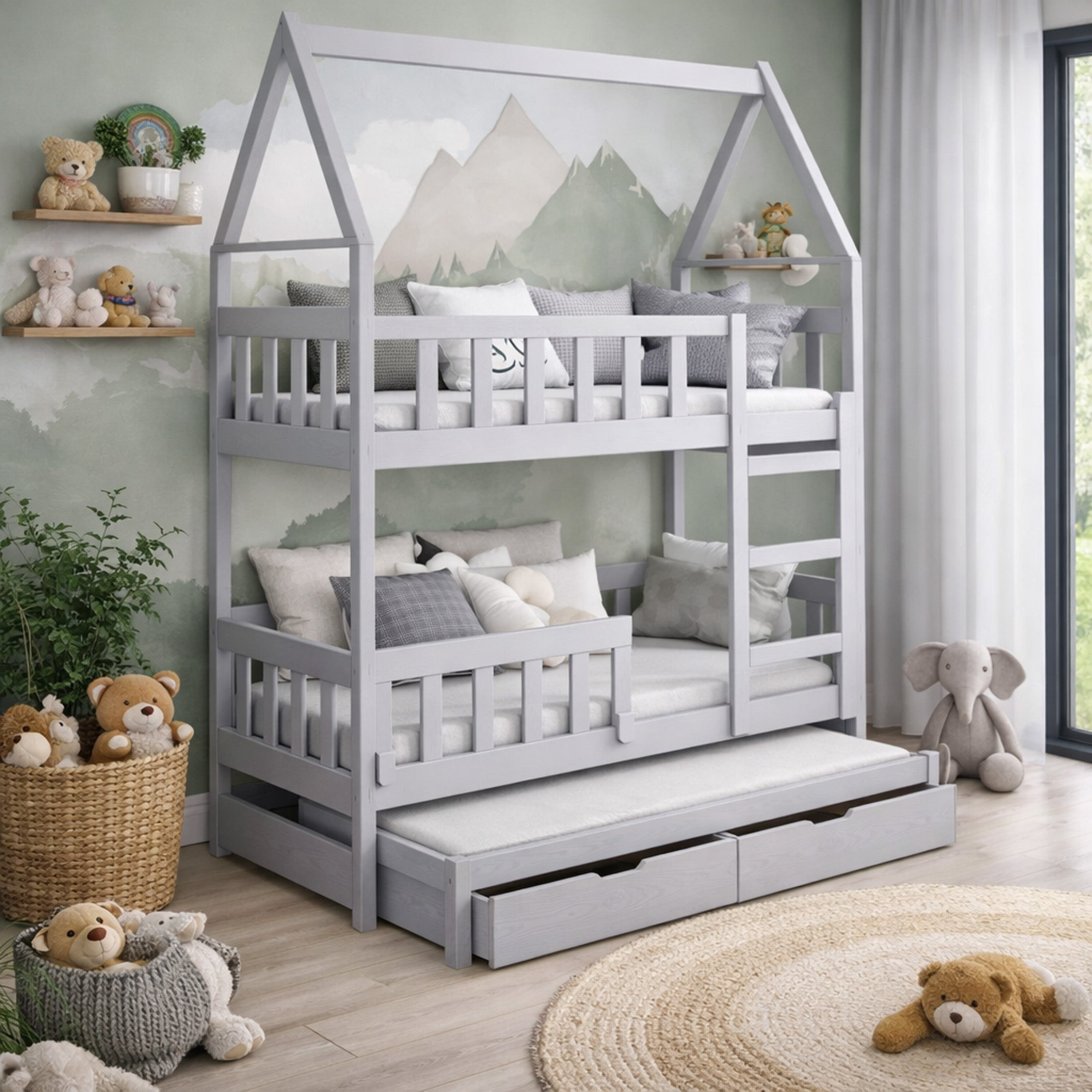 Etagenbett 75x180 cm Vistena für drei Personen, Hausform, mit Matratzen und Schubladen, grau