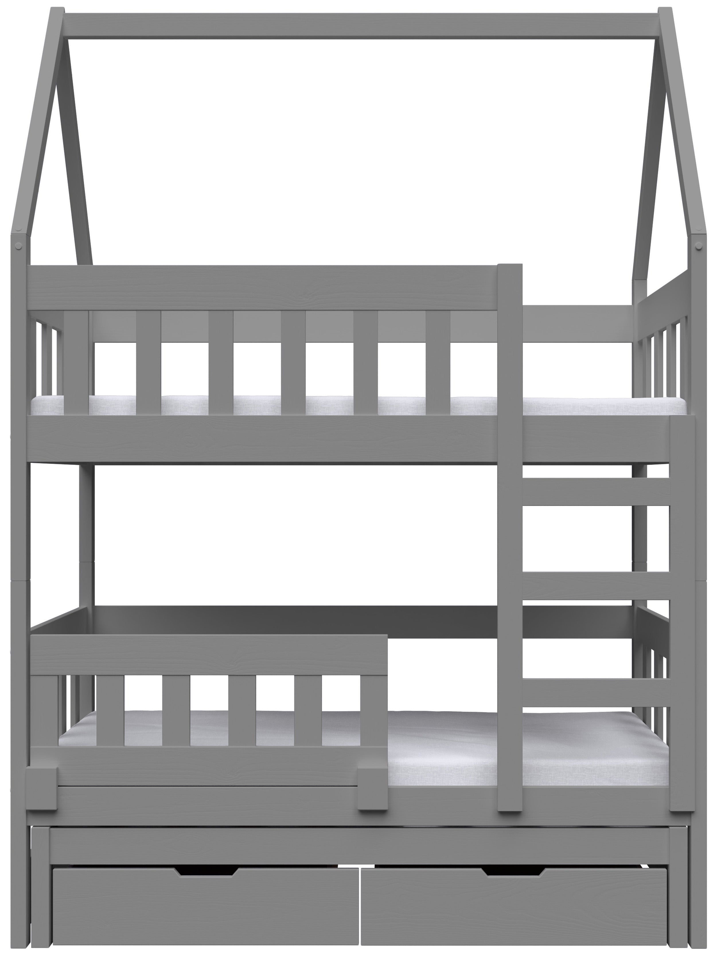Etagenbett 75x180 cm Vistena für drei Personen, Hausform, mit Matratzen und Schubladen, grau