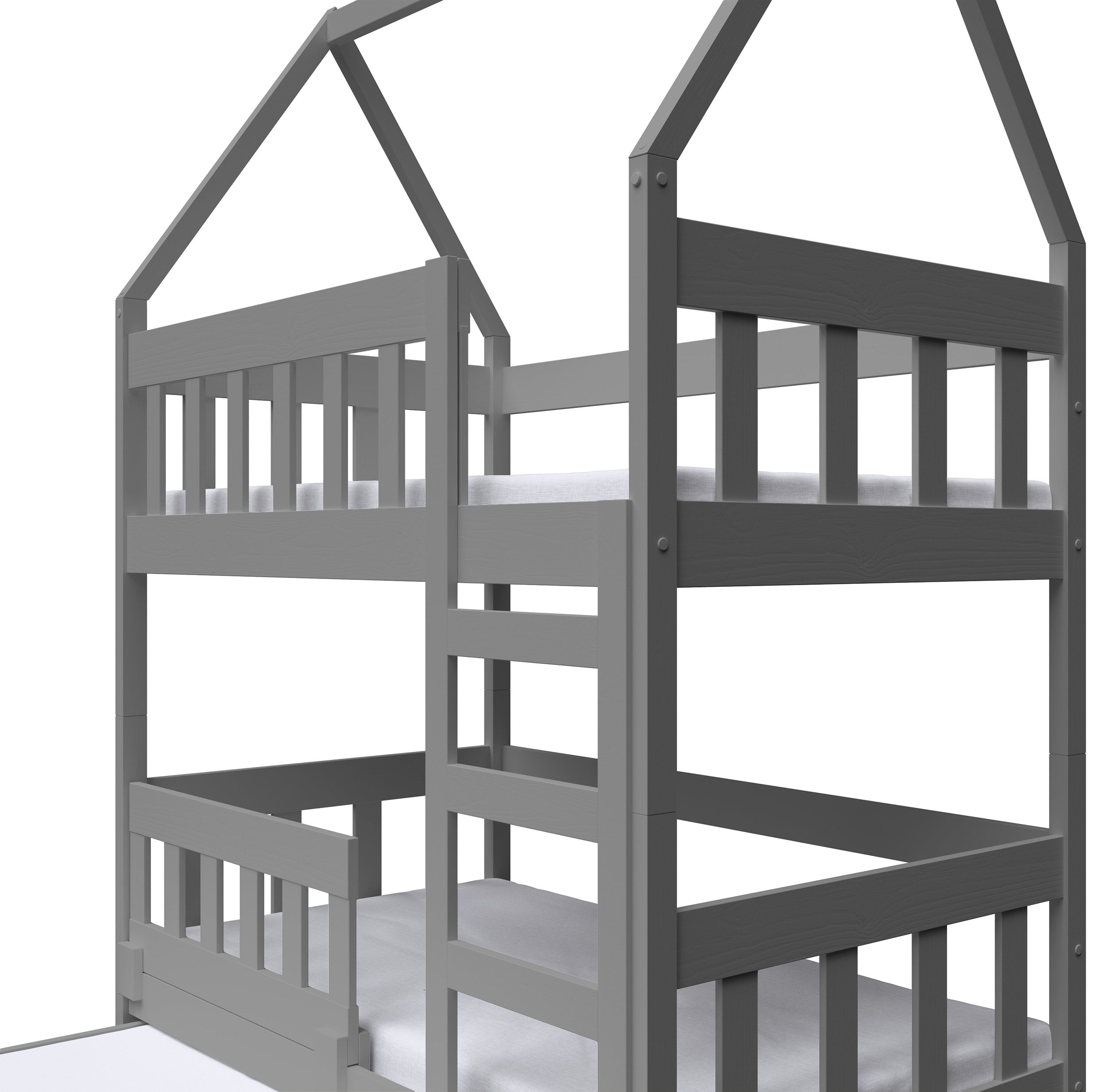 Etagenbett 75x180 cm Vistena für drei Personen, Hausform, mit Matratzen und Schubladen, grau