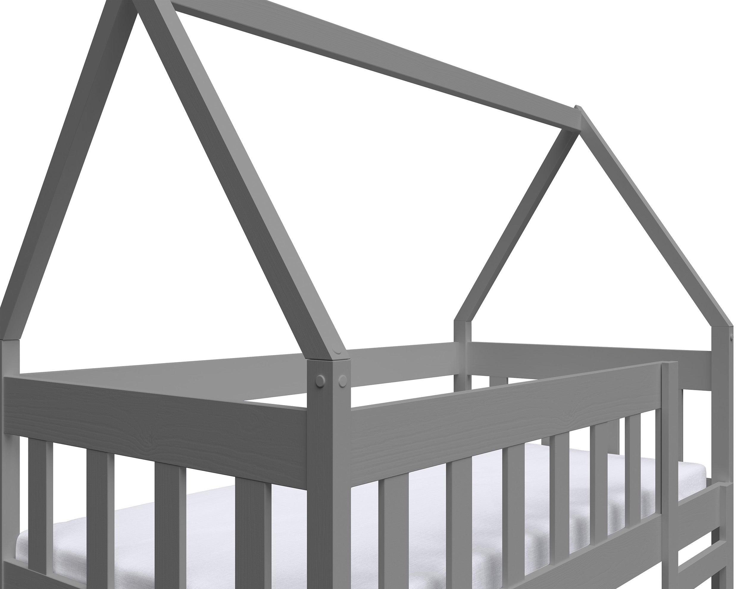 Etagenbett 75x180 cm Vistena für drei Personen, Hausform, mit Matratzen und Schubladen, grau