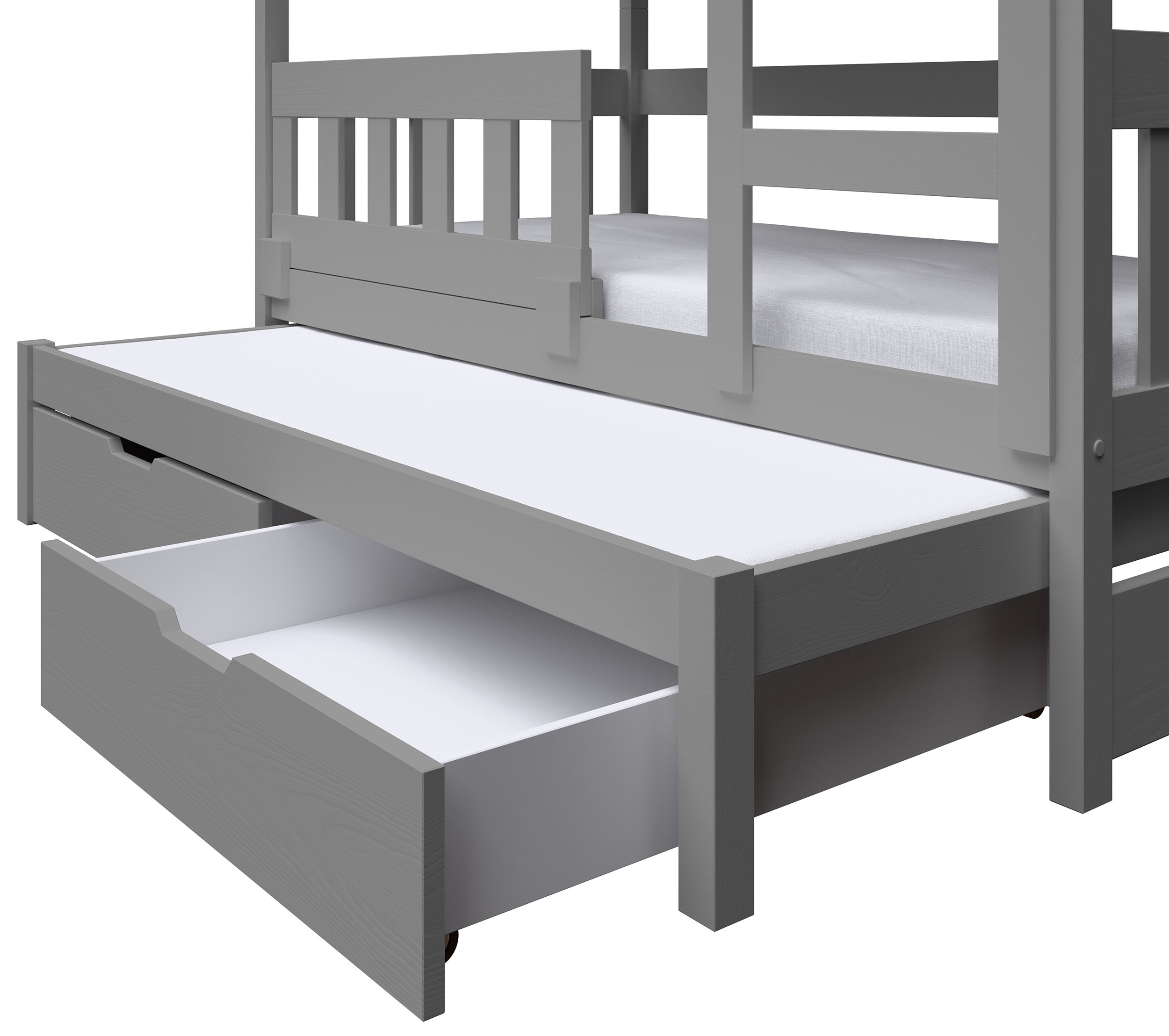 Etagenbett 75x180 cm Vistena für drei Personen, Hausform, mit Matratzen und Schubladen, grau