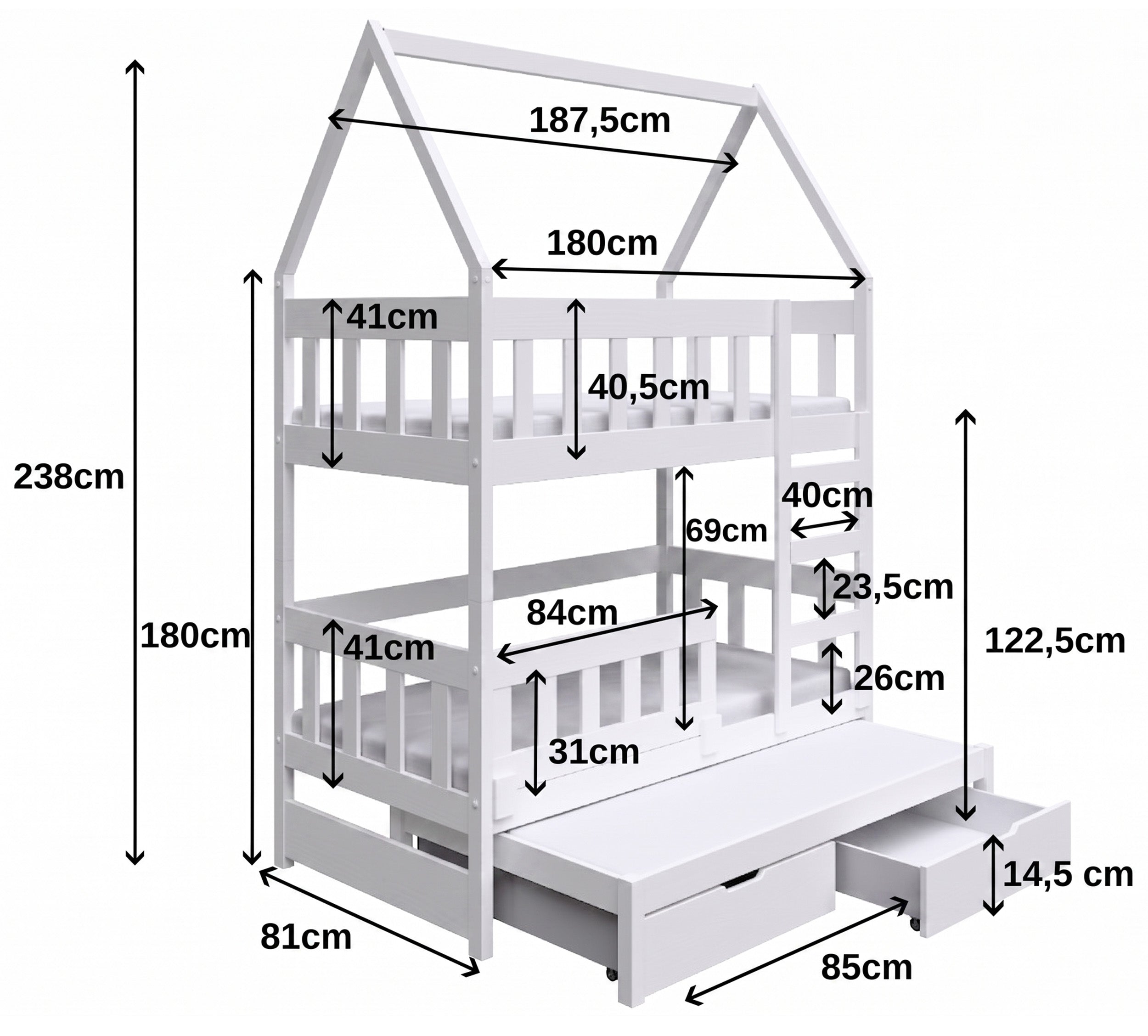 Etagenbett 75x180 cm Vistena für drei Personen, Hausform, mit Matratzen und Schubladen, grau