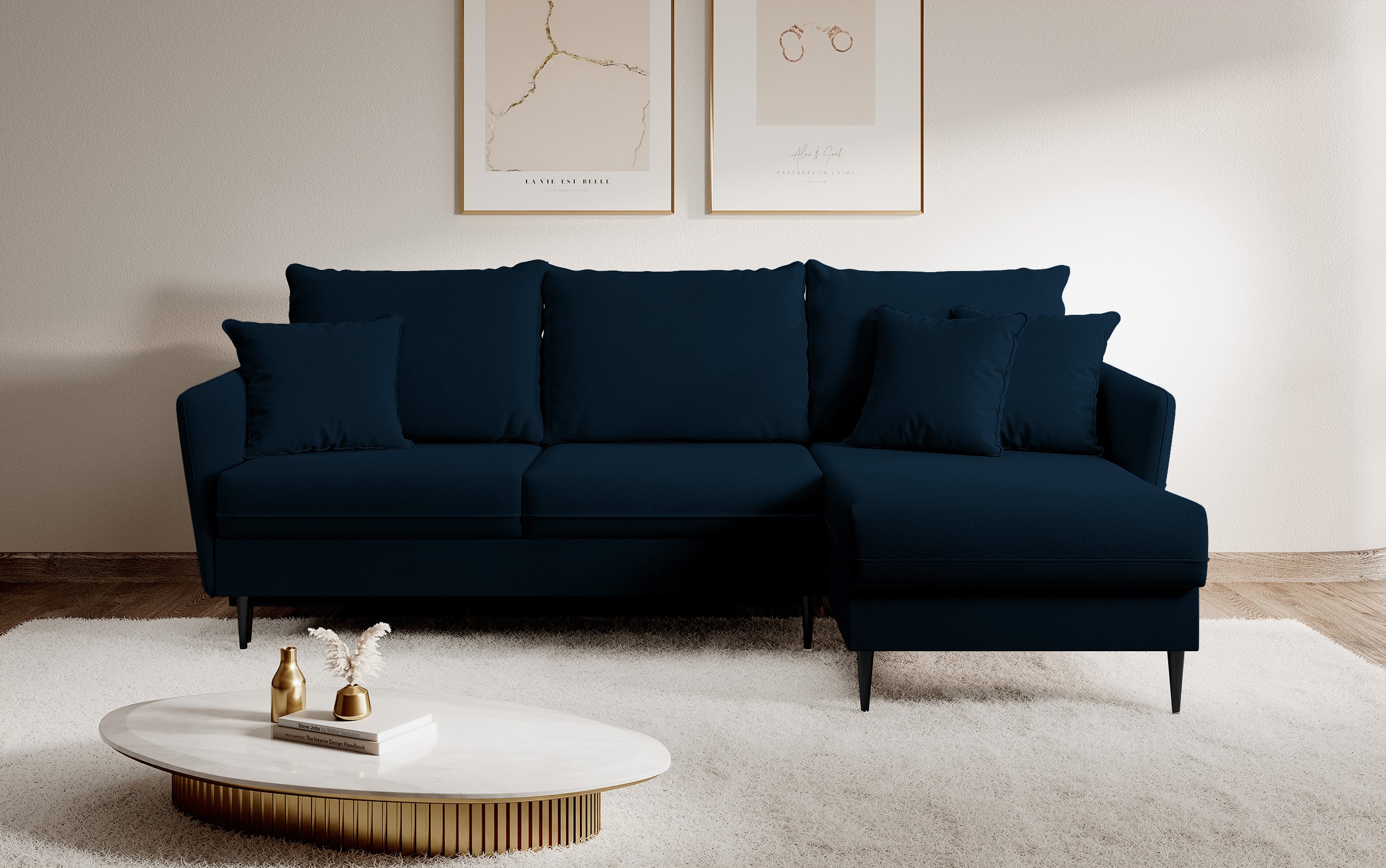 Ecksofa mit Schlaffunktion Volio, samtblau, wasserabweisend, schwarze Beine