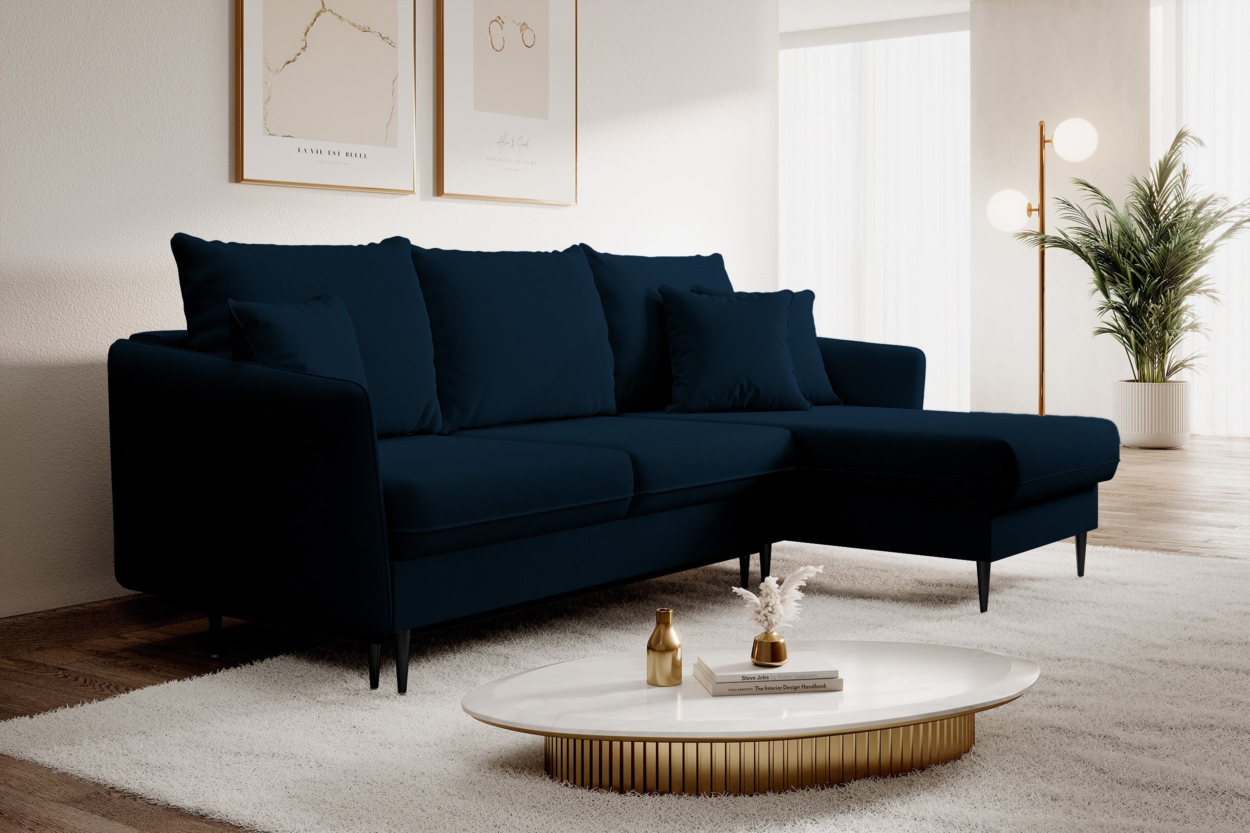 Ecksofa mit Schlaffunktion Volio, samtblau, wasserabweisend, schwarze Beine