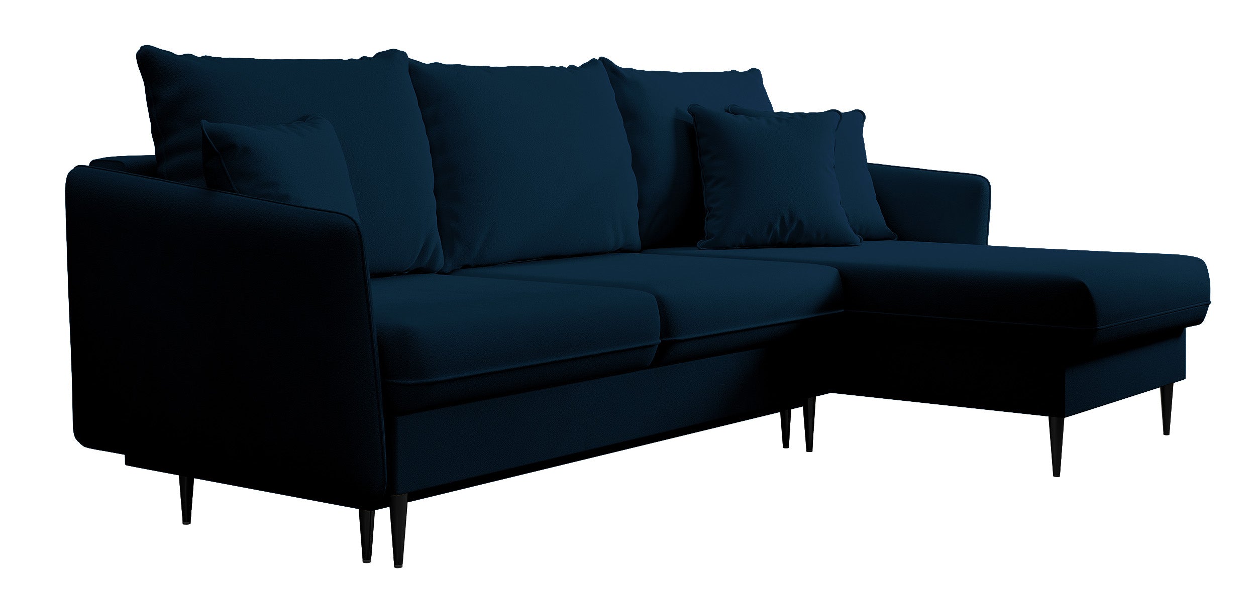 Ecksofa mit Schlaffunktion Volio, samtblau, wasserabweisend, schwarze Beine
