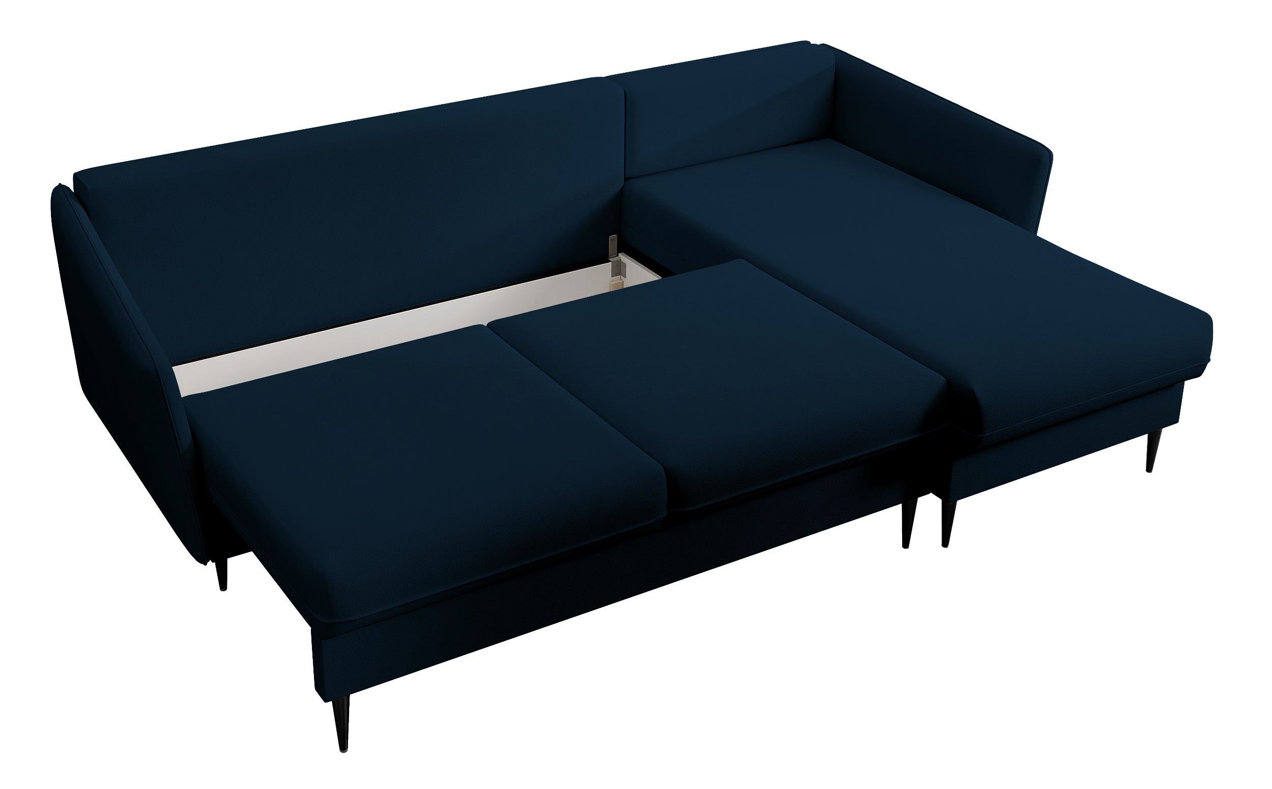 Ecksofa mit Schlaffunktion Volio, samtblau, wasserabweisend, schwarze Beine