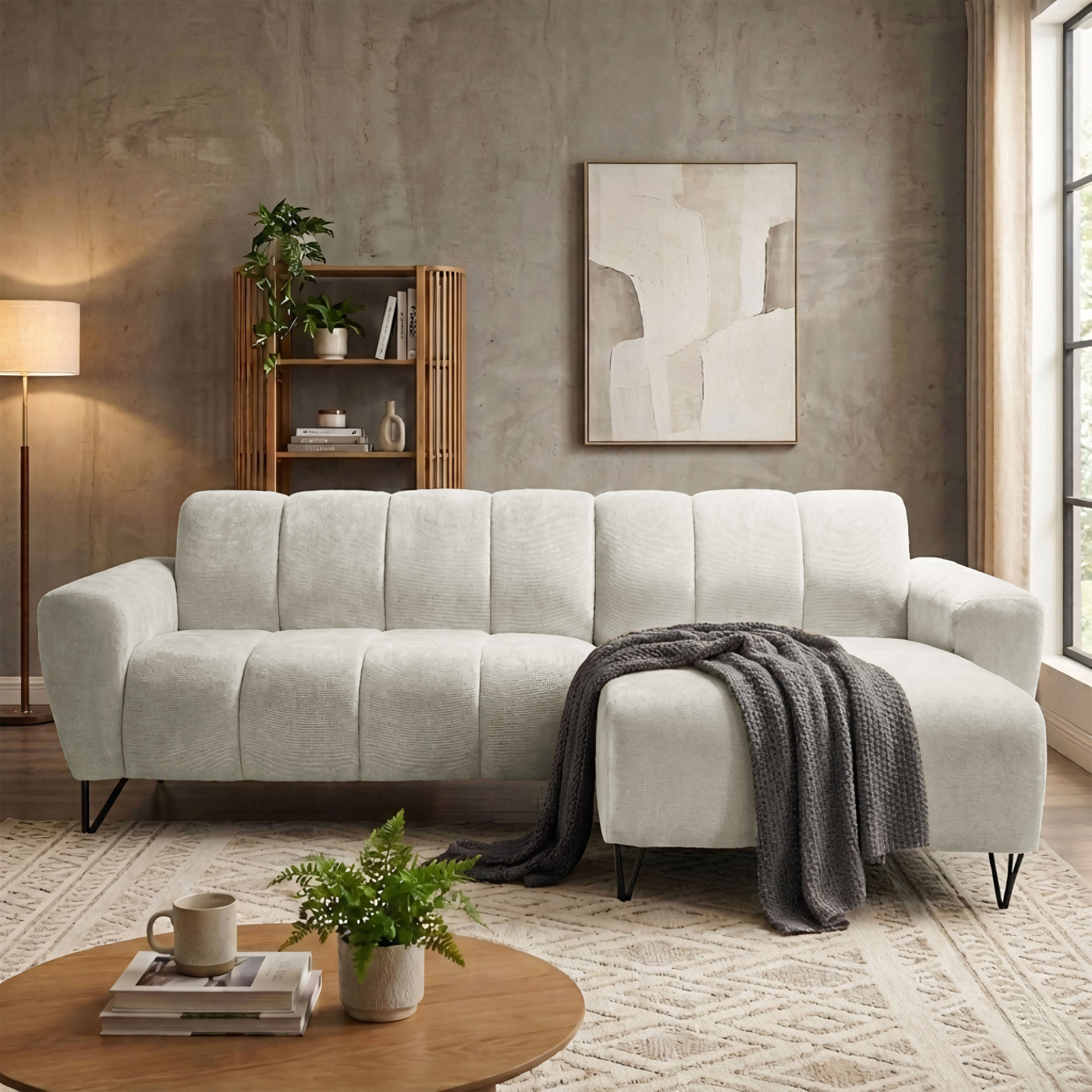 Ecksofa Volare Mini L-förmig rechtsseitig, cremefarben, pflegeleichter Chenille-Stoff