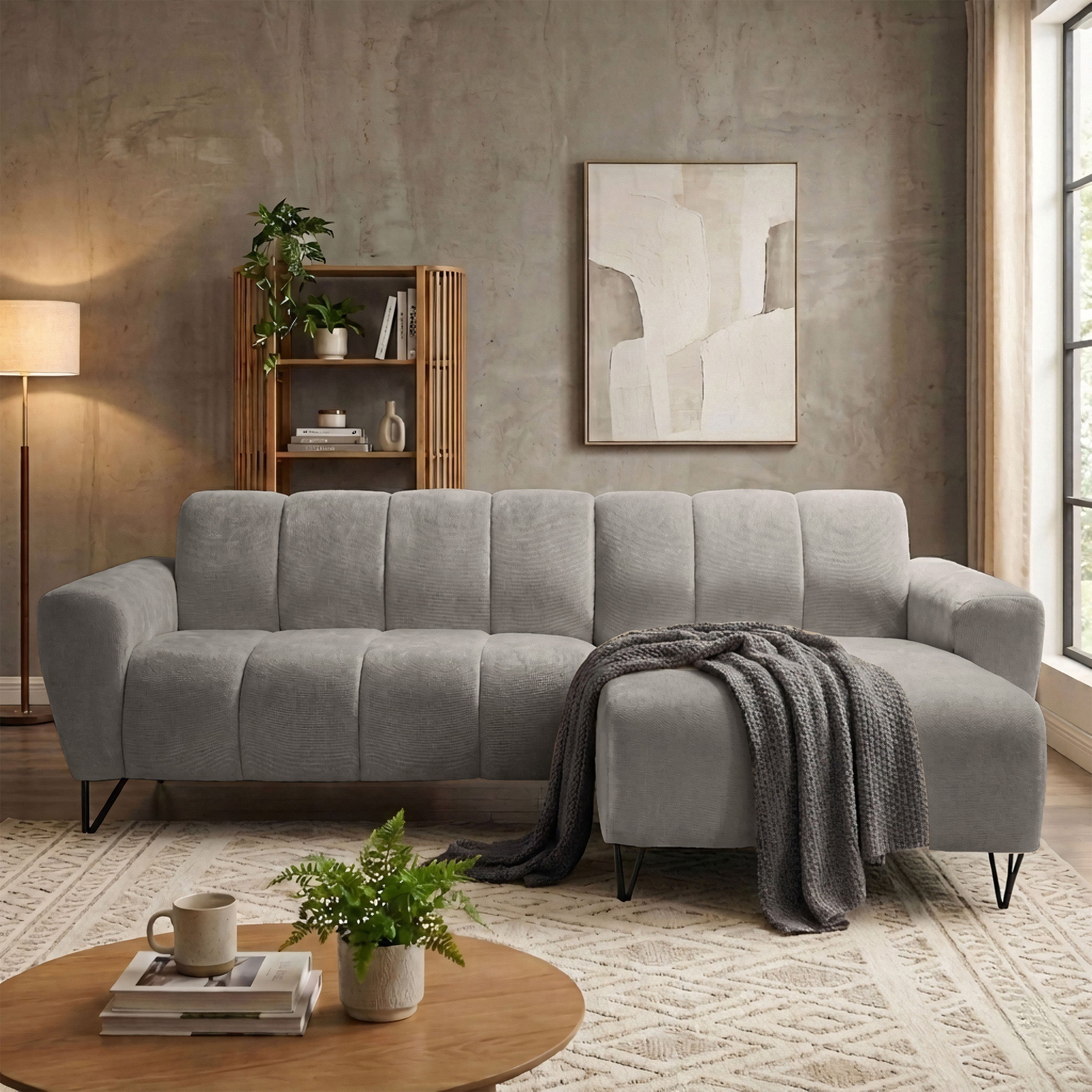 Ecksofa Volare Mini L-förmig, rechtsseitig, grau-beige, leicht zu reinigender Chenille-Stoff