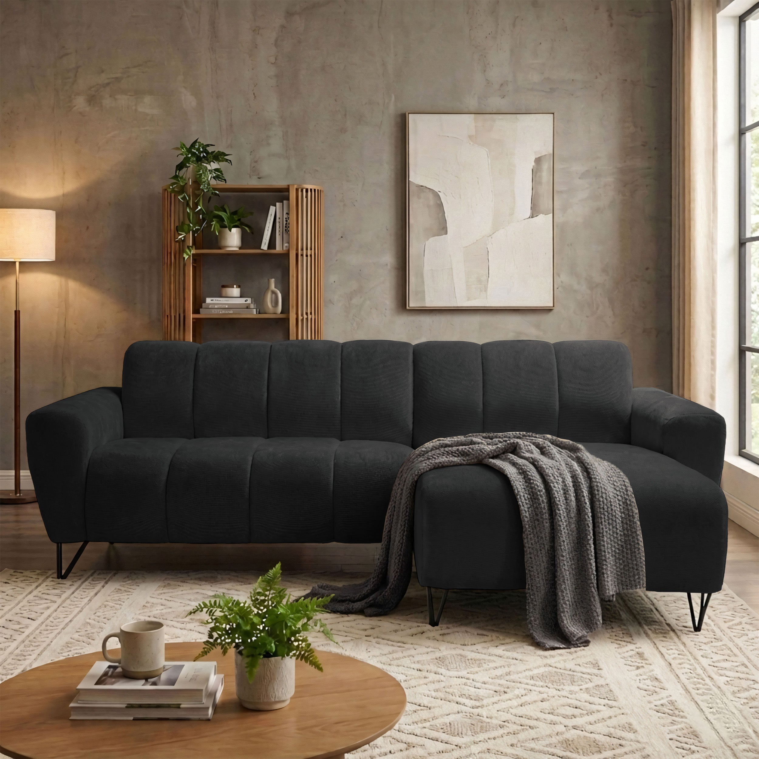 Ecksofa Volare Mini L-förmig rechtsseitig schwarz, pflegeleichter Chenillestoff