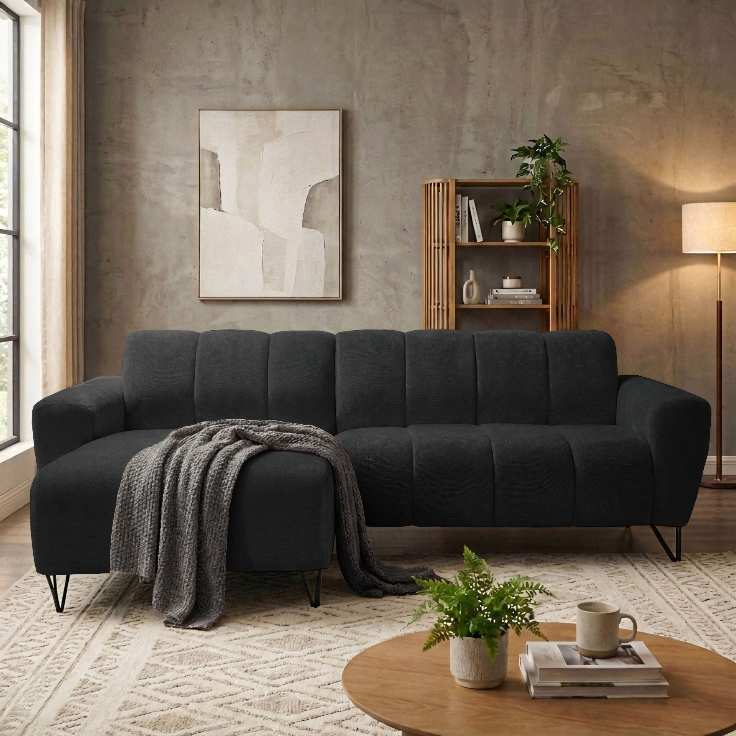Ecksofa Volare Mini L-förmig linksseitig, schwarz, leicht zu reinigender Chenille-Stoff