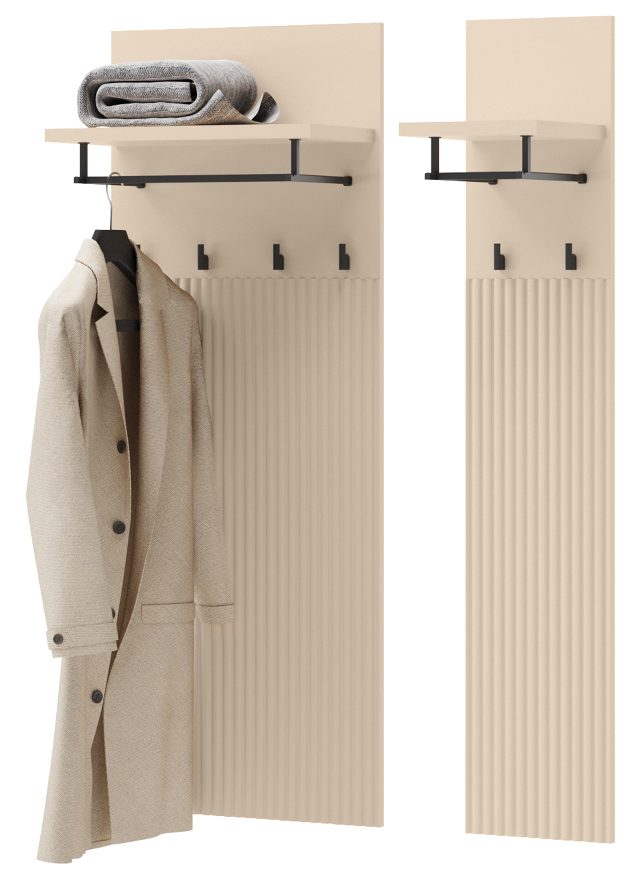 Wandhalter Trend mit Regalen 76 cm, gerillte Fronten, sandbeige / schwarz