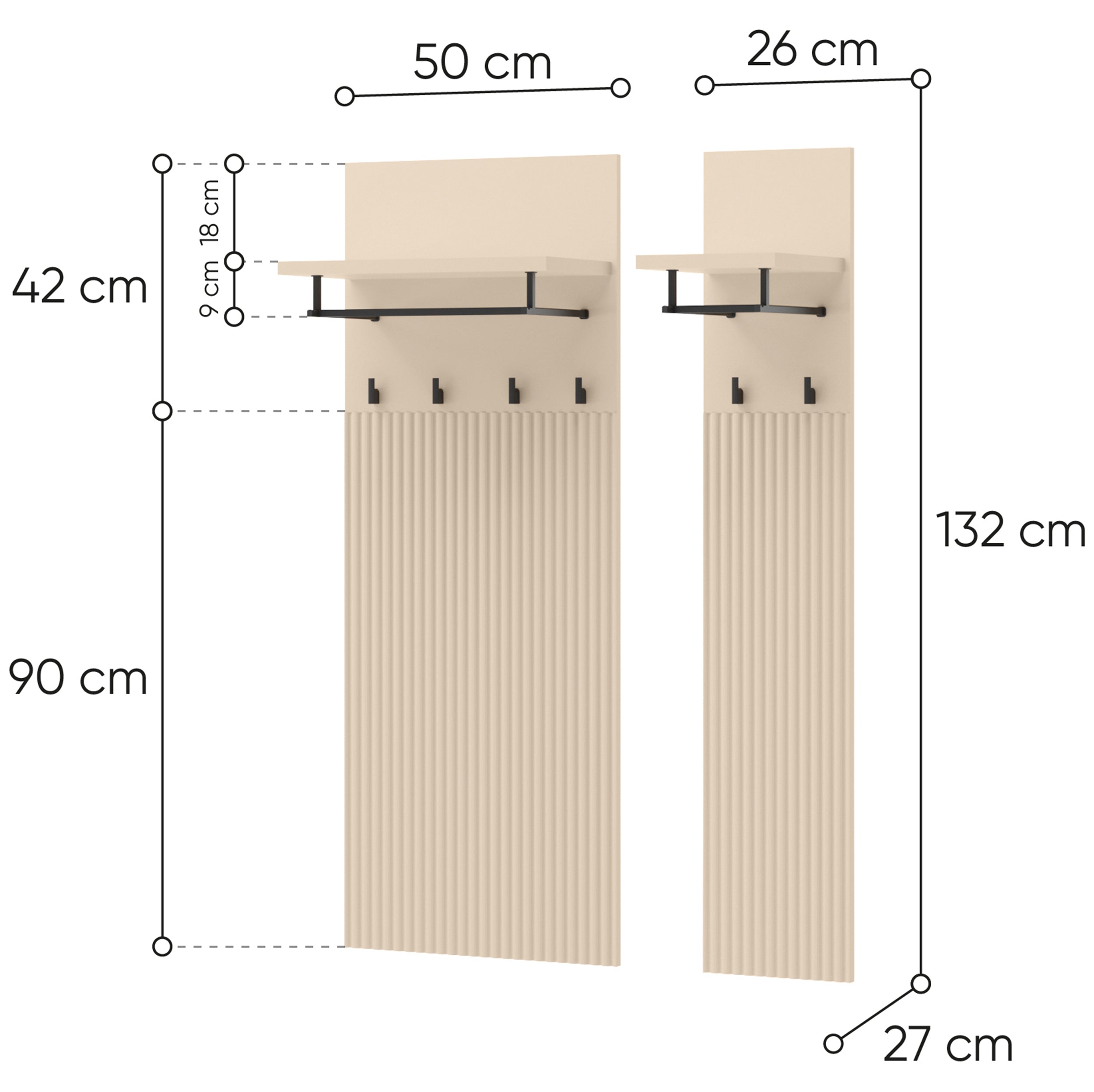 Wandhalter Trend mit Regalen 76 cm, gerillte Fronten, sandbeige / schwarz