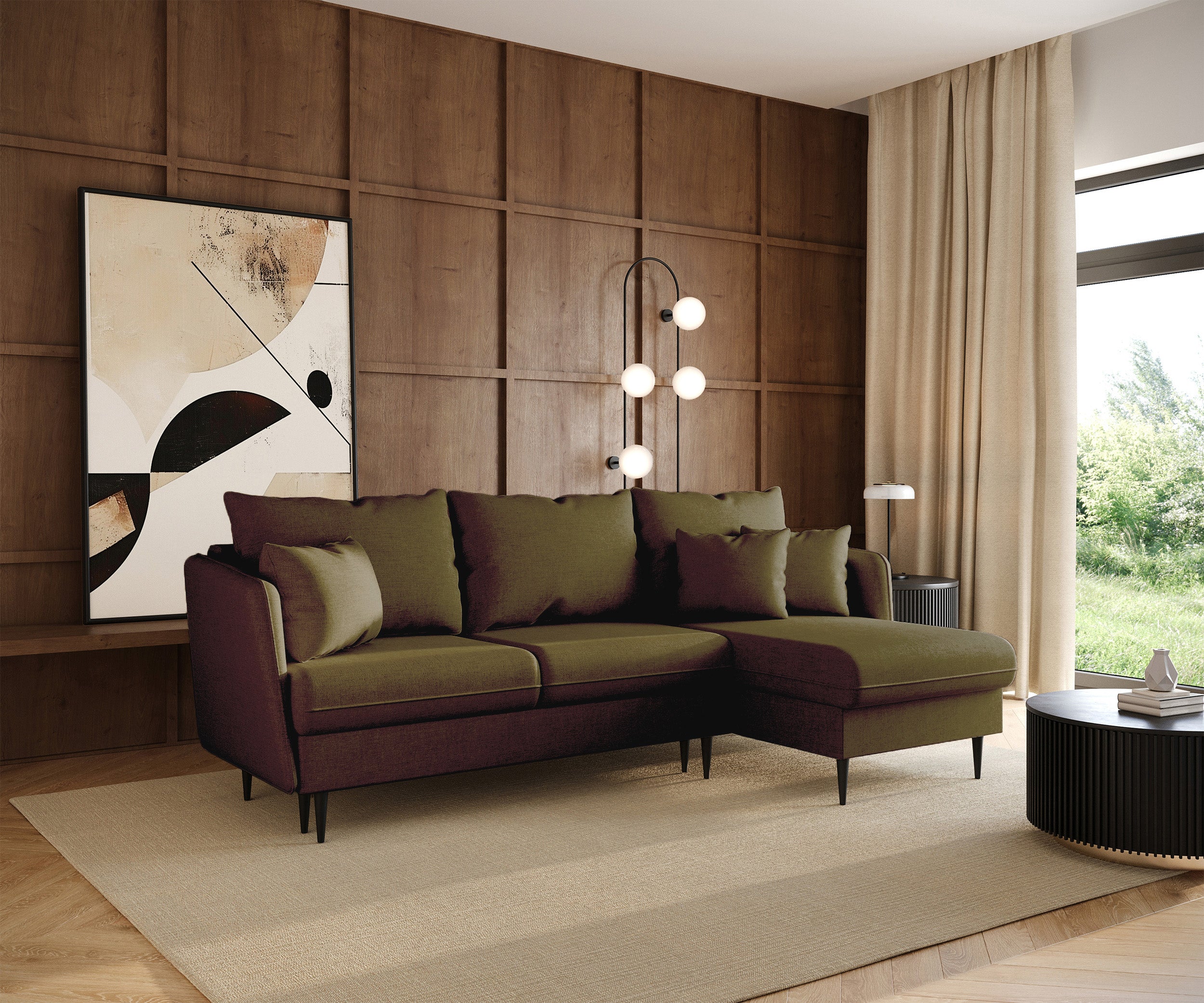 Ecksofa mit Schlafunktion Volio, L-förmig, olivgrüner Chenille-Stoff, schwarze Beine