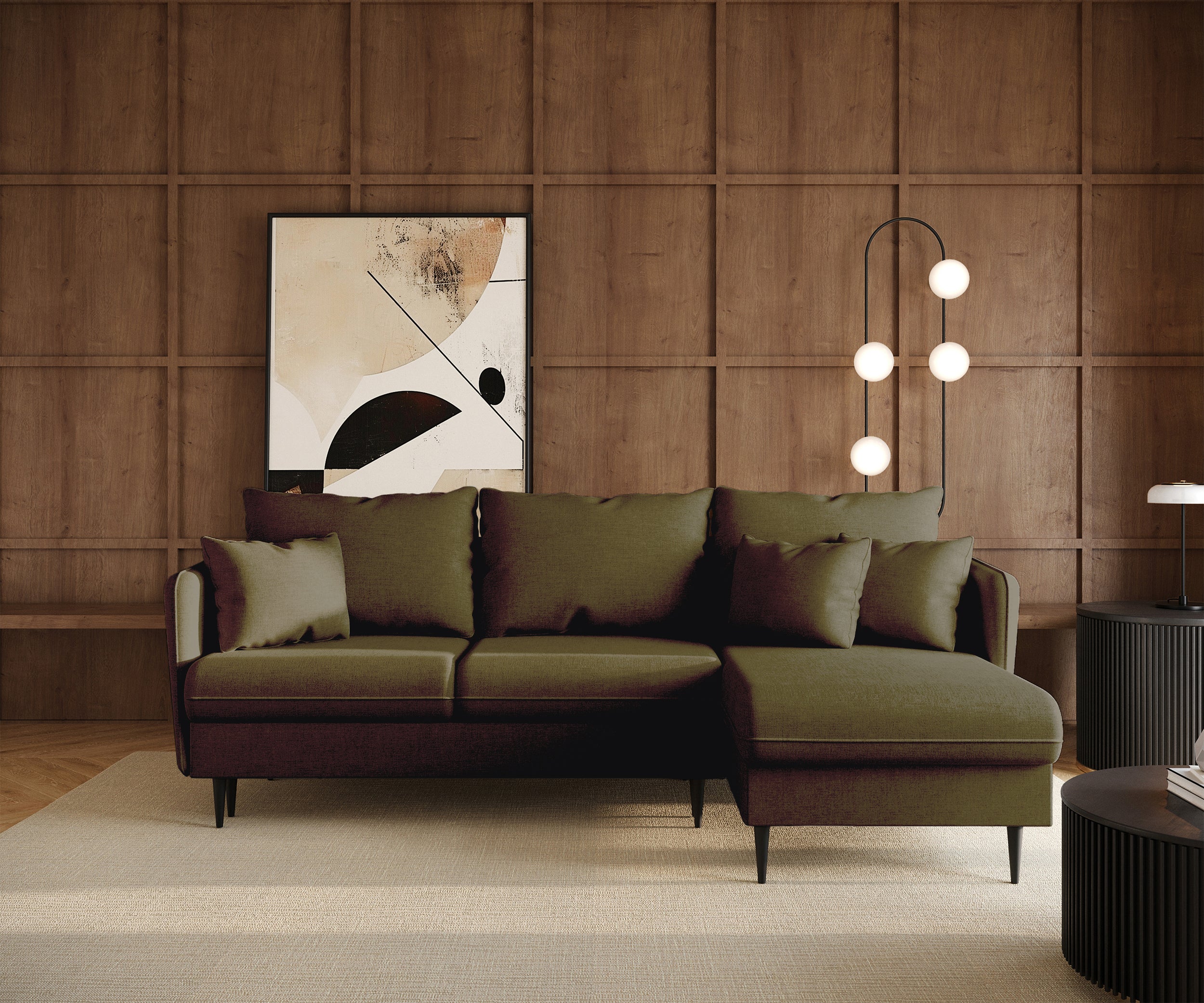 Ecksofa mit Schlafunktion Volio, L-förmig, olivgrüner Chenille-Stoff, schwarze Beine