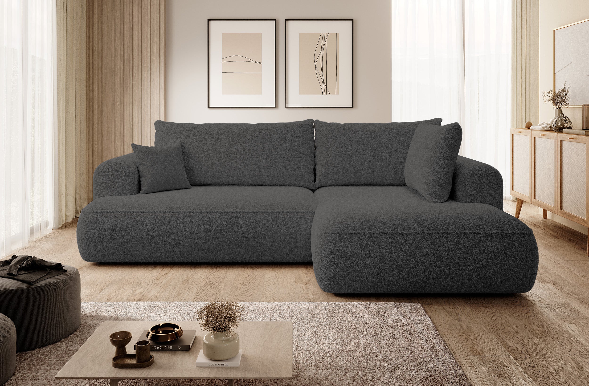Ecksofa mit Schlaffunktion Ovo, L-förmig, mit Armlehne und Stauraum, dunkelgrauer Bouclé, rechtsseitig