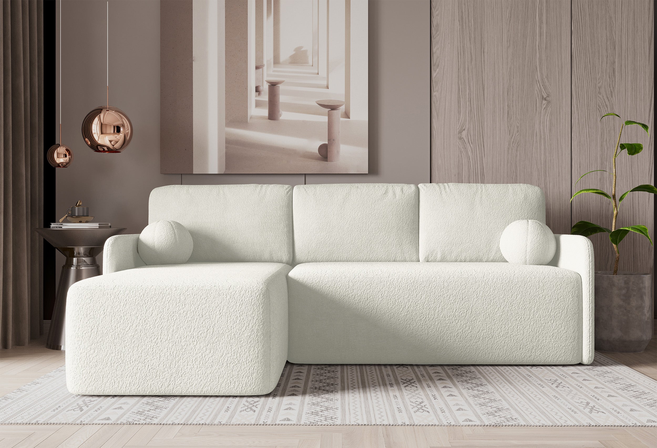 Ecksofa mit Schlaffunktion Bloom, L-förmig, mit Stauraum, cremefarbener Bouclé-Stoff, universell einsetzbar