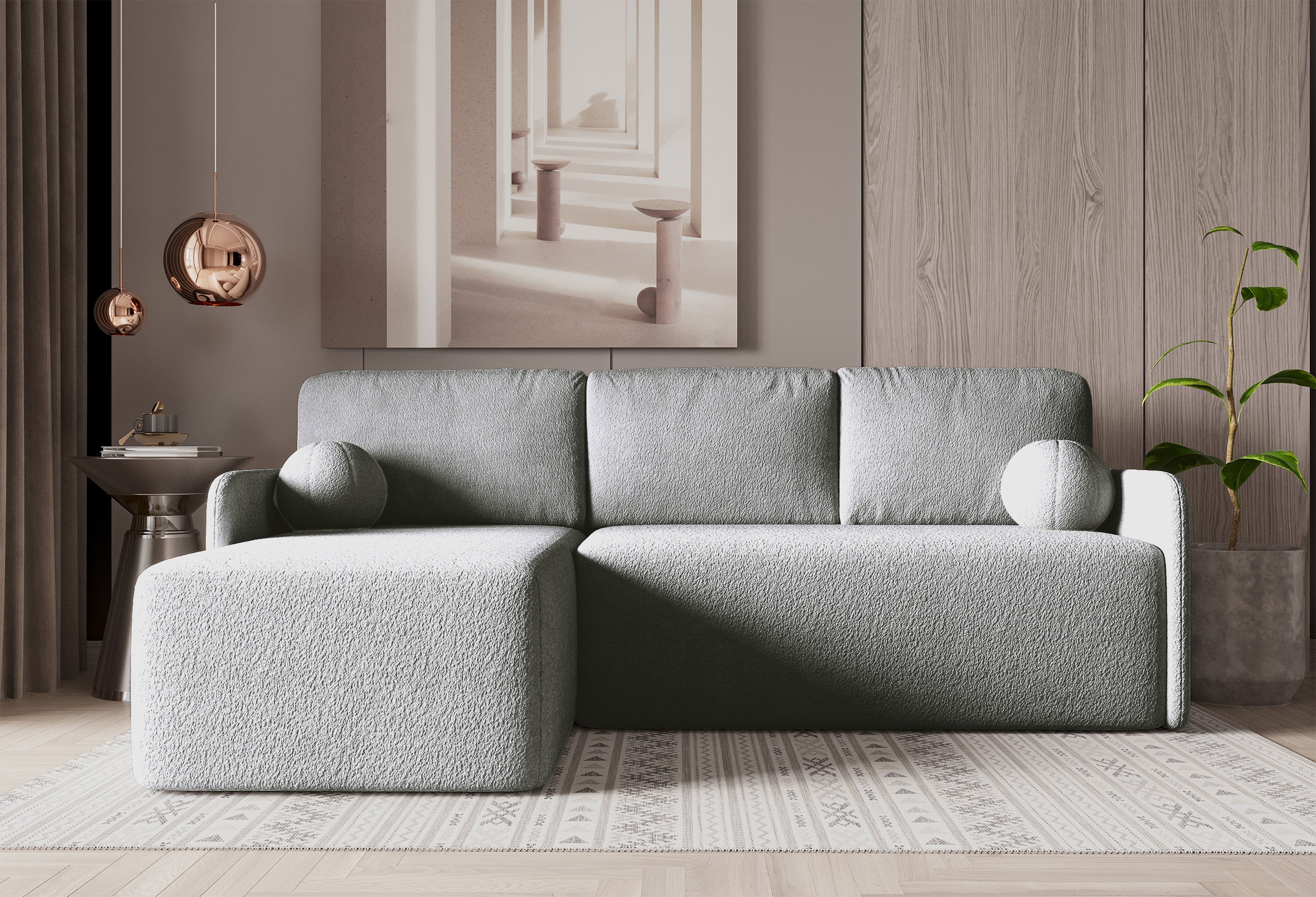 Ecksofa mit Schlaffunktion Bloom, L-förmig, mit Stauraum, grauer Bouclé, universell einsetzbar