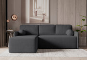 Ecksofa mit Schlaffunktion Bloom, L-förmig, mit Stauraum, grafitfarbenes Bouclé, universell einsetzbar