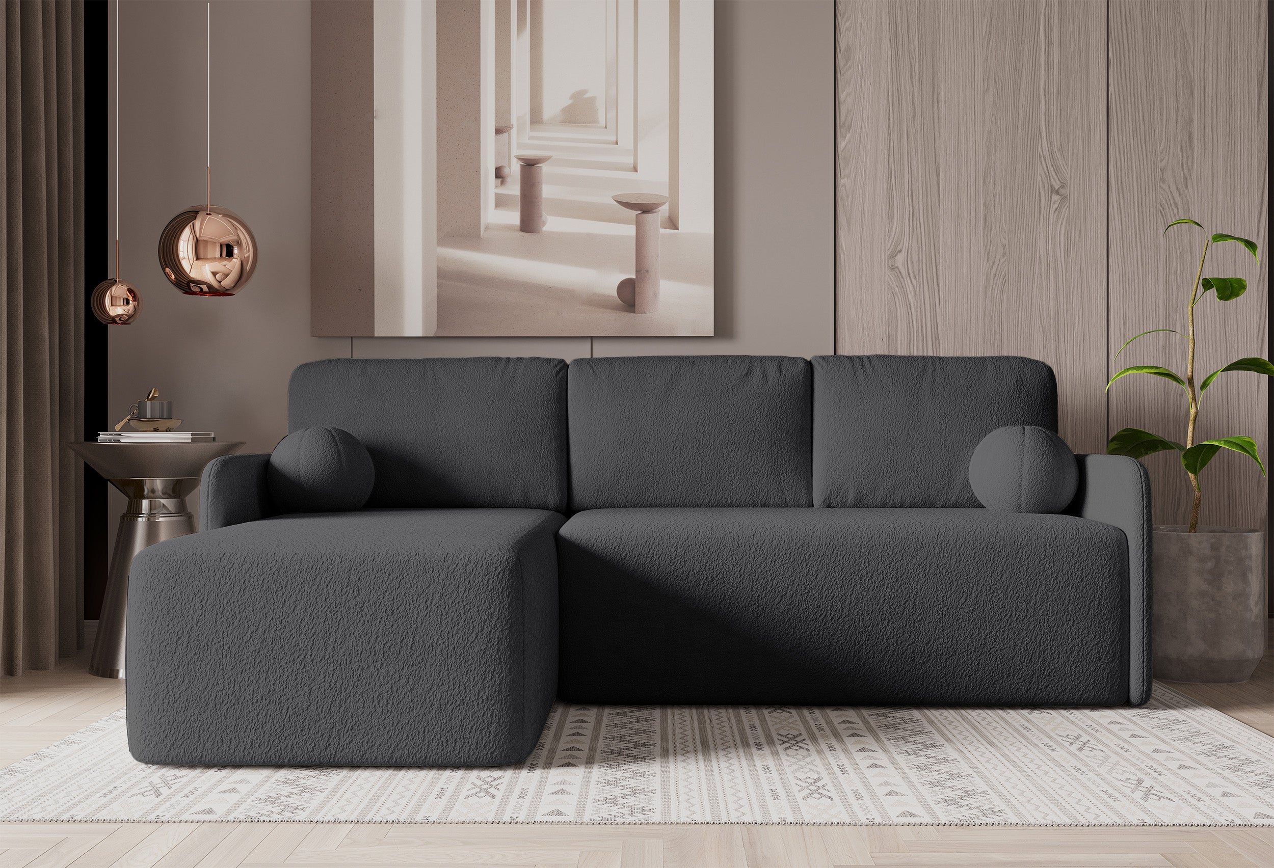 Ecksofa mit Schlaffunktion Bloom, L-förmig, mit Stauraum, grafitfarbenes Bouclé, universell einsetzbar