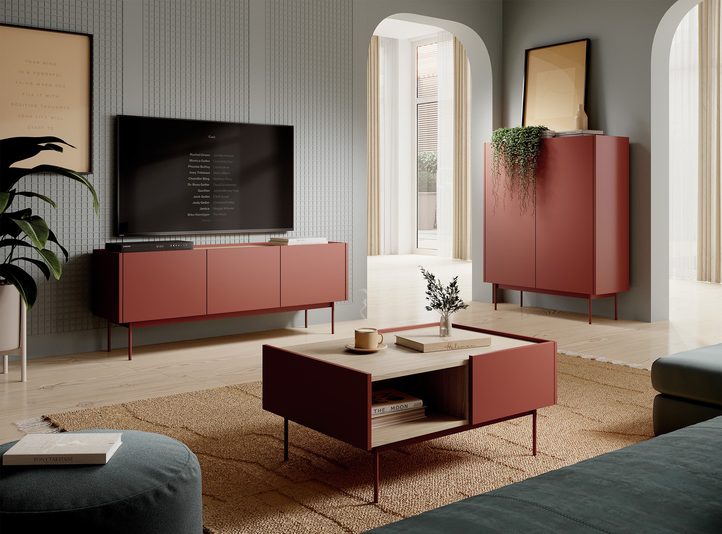 Couchtisch Color 97x65 cm mit Schubladen Ziegelrot / Eiche Linea