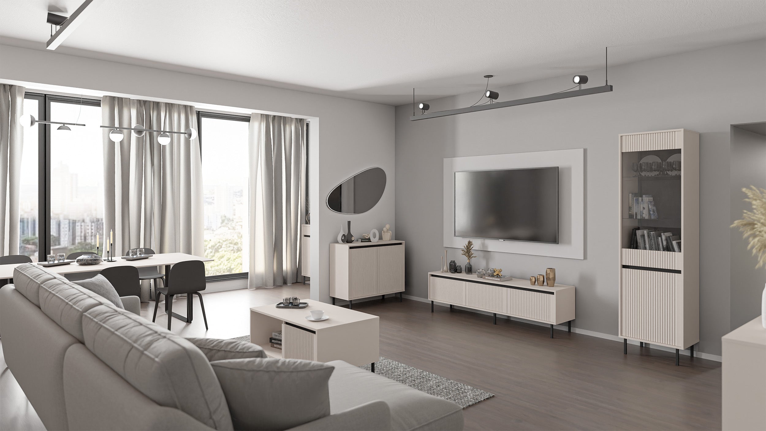 Osaka Couchtisch mit zwei Schubladen und gerillten Fronten, 100 cm, sandbeige auf schwarzen Beinen