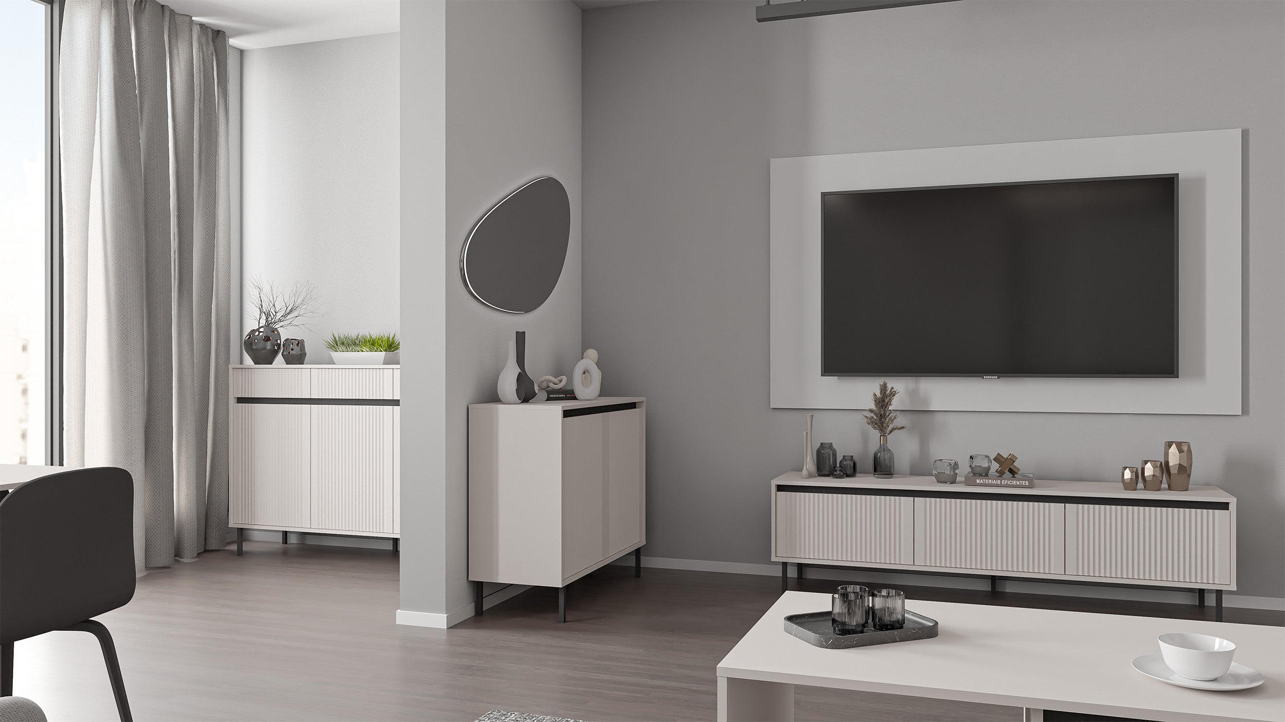 Drehtür-Kommode Osaka mit drei Schubladen und geriffelten Fronten, 149 cm, sandbeige auf schwarzen Beinen