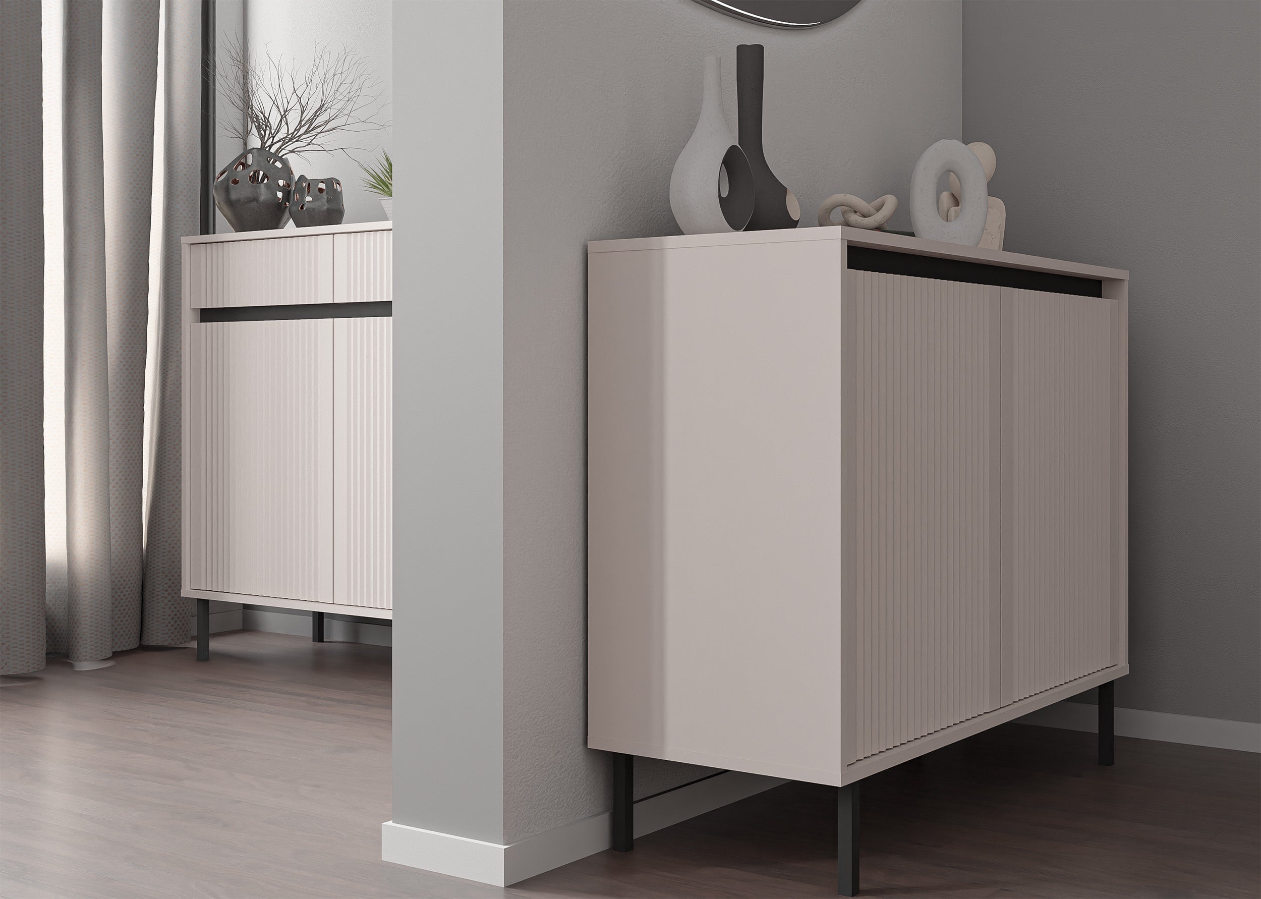 Zweiturige Kommode Osaka mit gerillten Fronten, 100 cm, sandbeige auf schwarzen Beinen