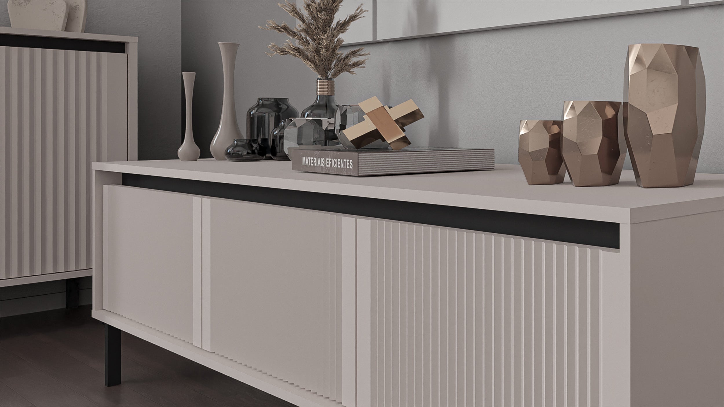TV-Schrank Osaka mit drei Schubladen und geriffelten Fronten, 179 cm, sandbeige auf schwarzen Füßen