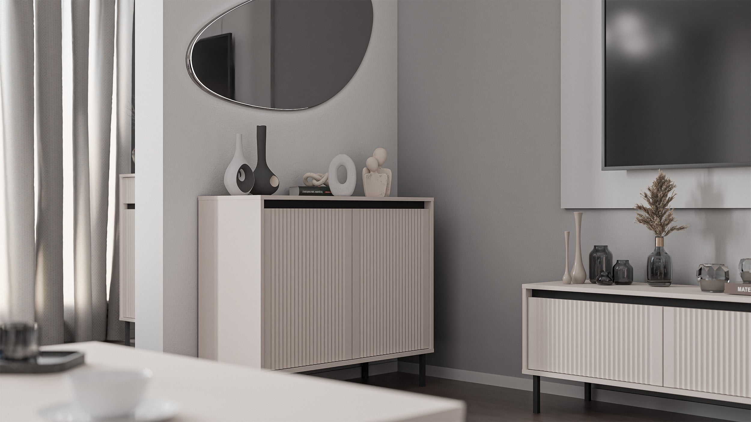 TV-Schrank Osaka mit zwei Schubladen und gerillten Fronten, 140 cm, sandbeige auf schwarzen Beinen
