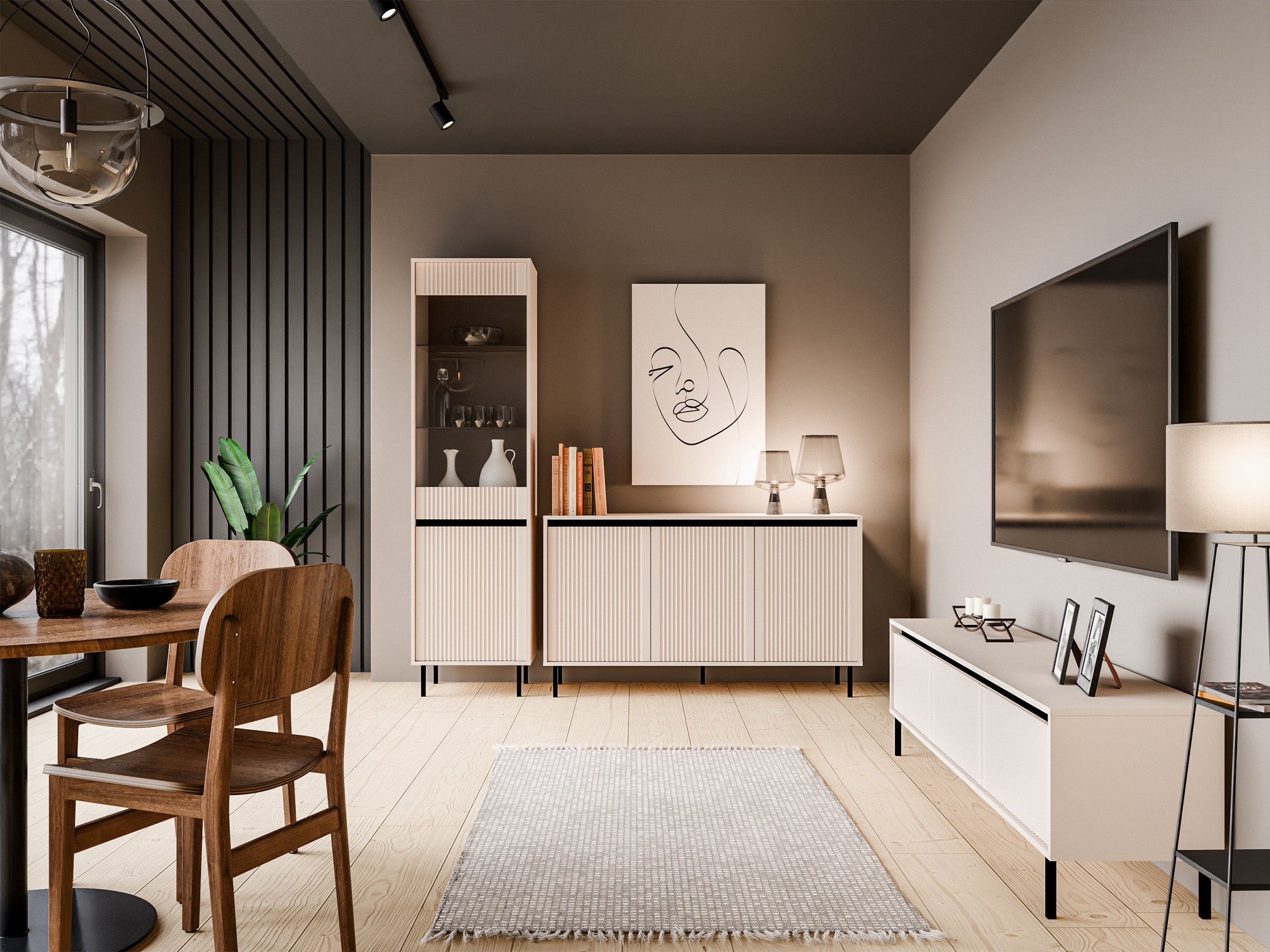 Drehtür-Kommode Osaka mit gerillten Fronten, 149 cm, sandbeige auf schwarzen Beinen