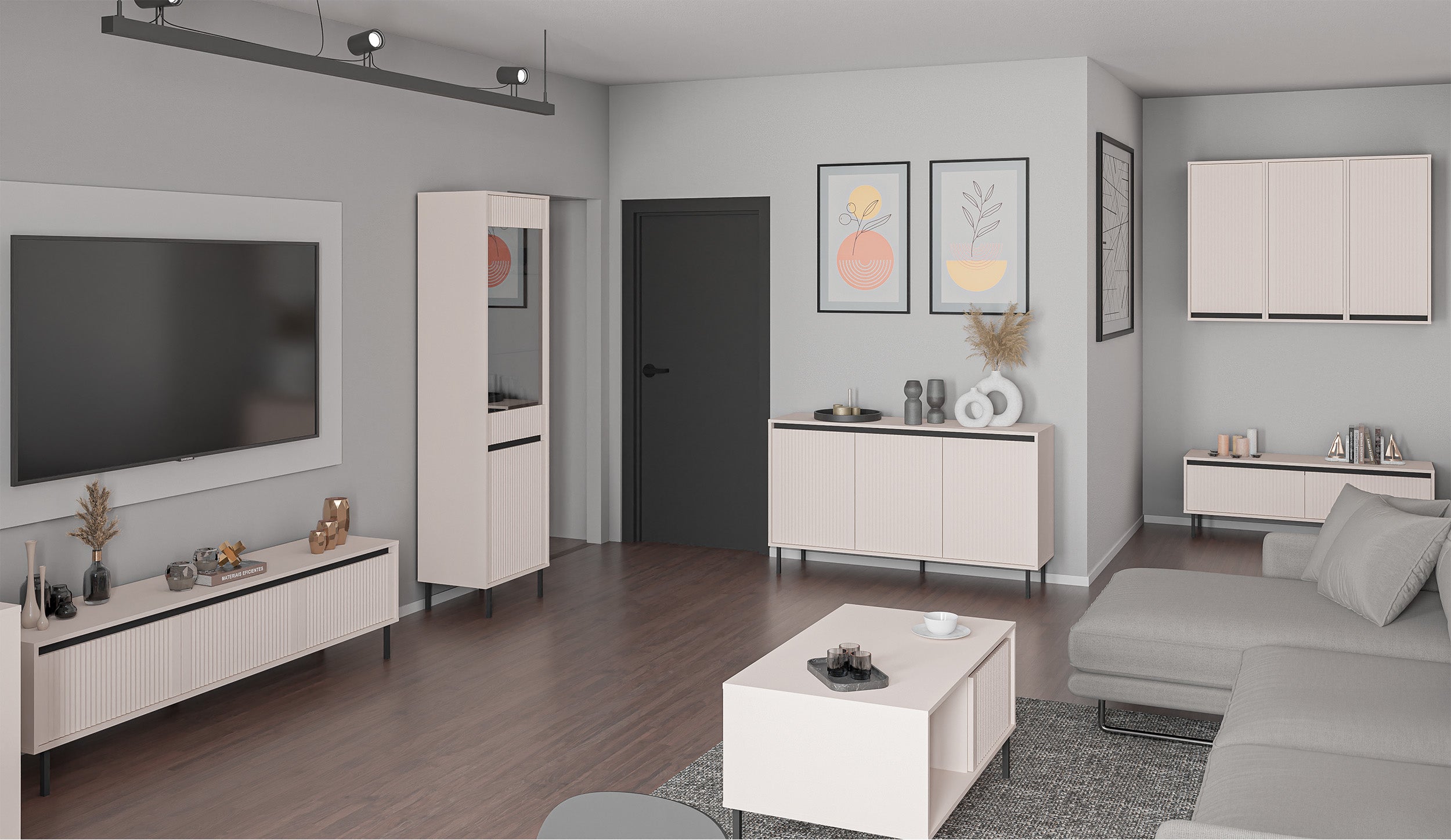 TV-Schrank Osaka mit drei Schubladen und geriffelten Fronten, 179 cm, sandbeige auf schwarzen Füßen