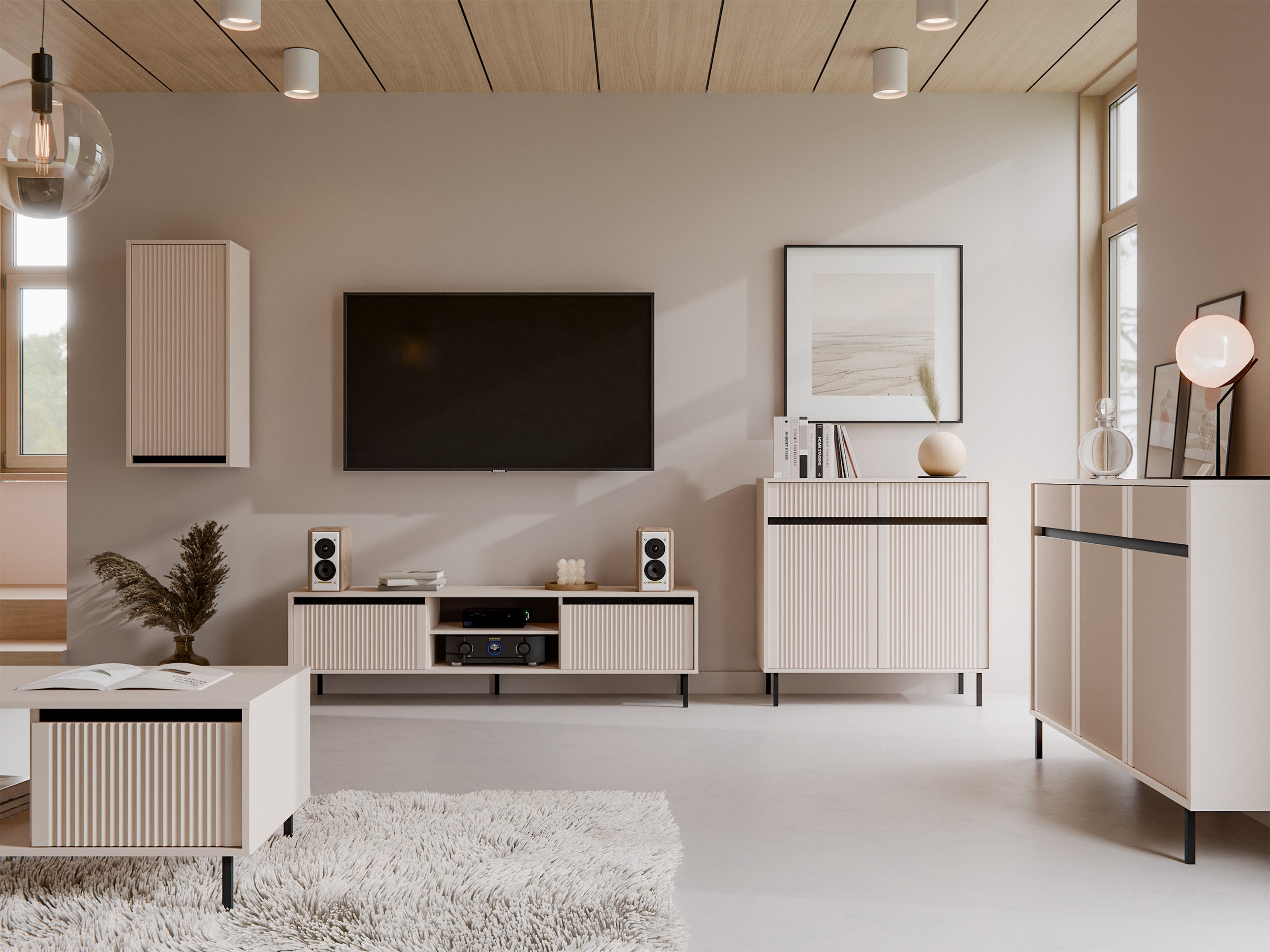 Drehtür-Kommode Osaka mit drei Schubladen und geriffelten Fronten, 149 cm, sandbeige auf schwarzen Beinen