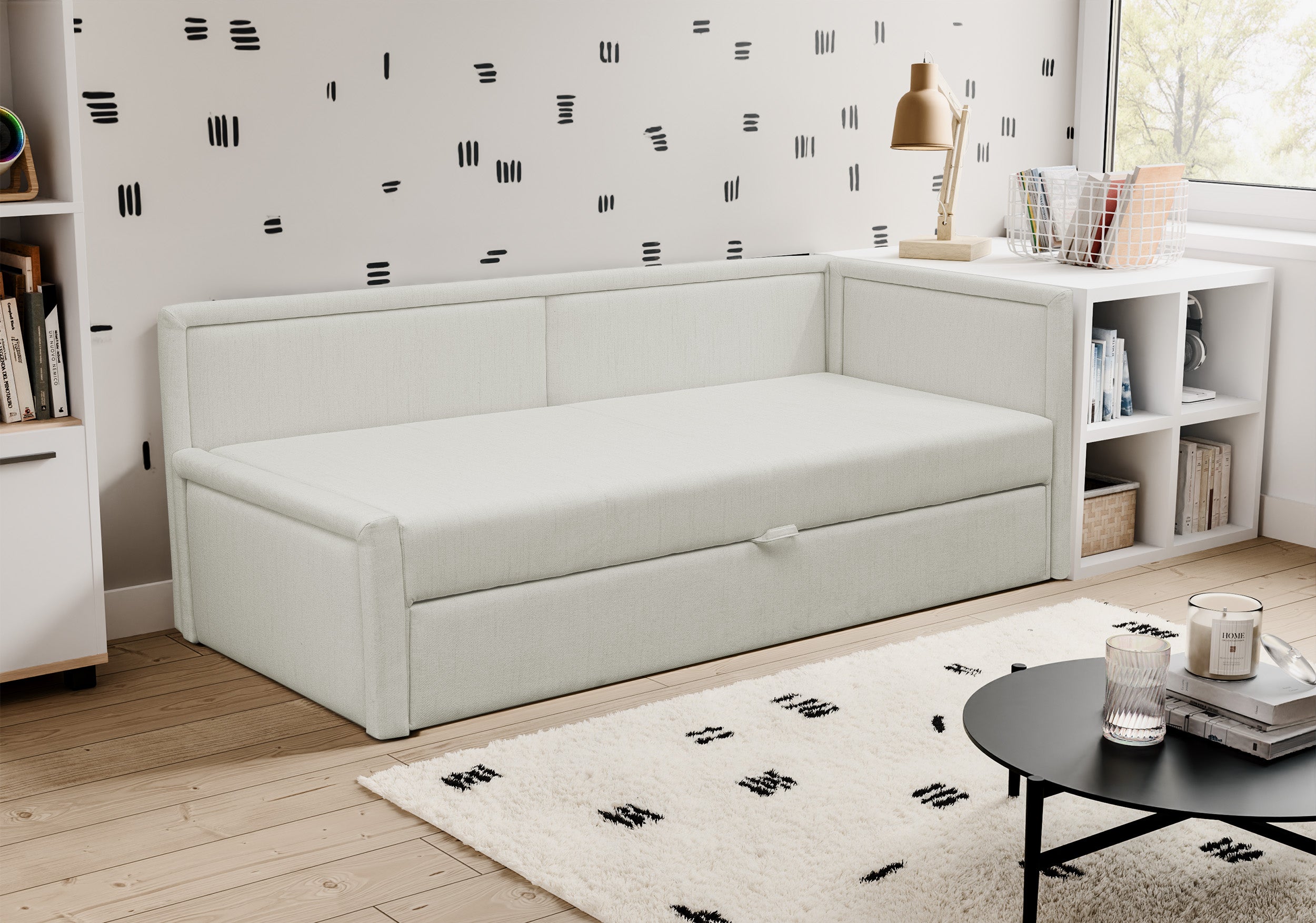 Ausziehbares Doppelbett Caprili in Creme, Geflecht, universell einsetzbar