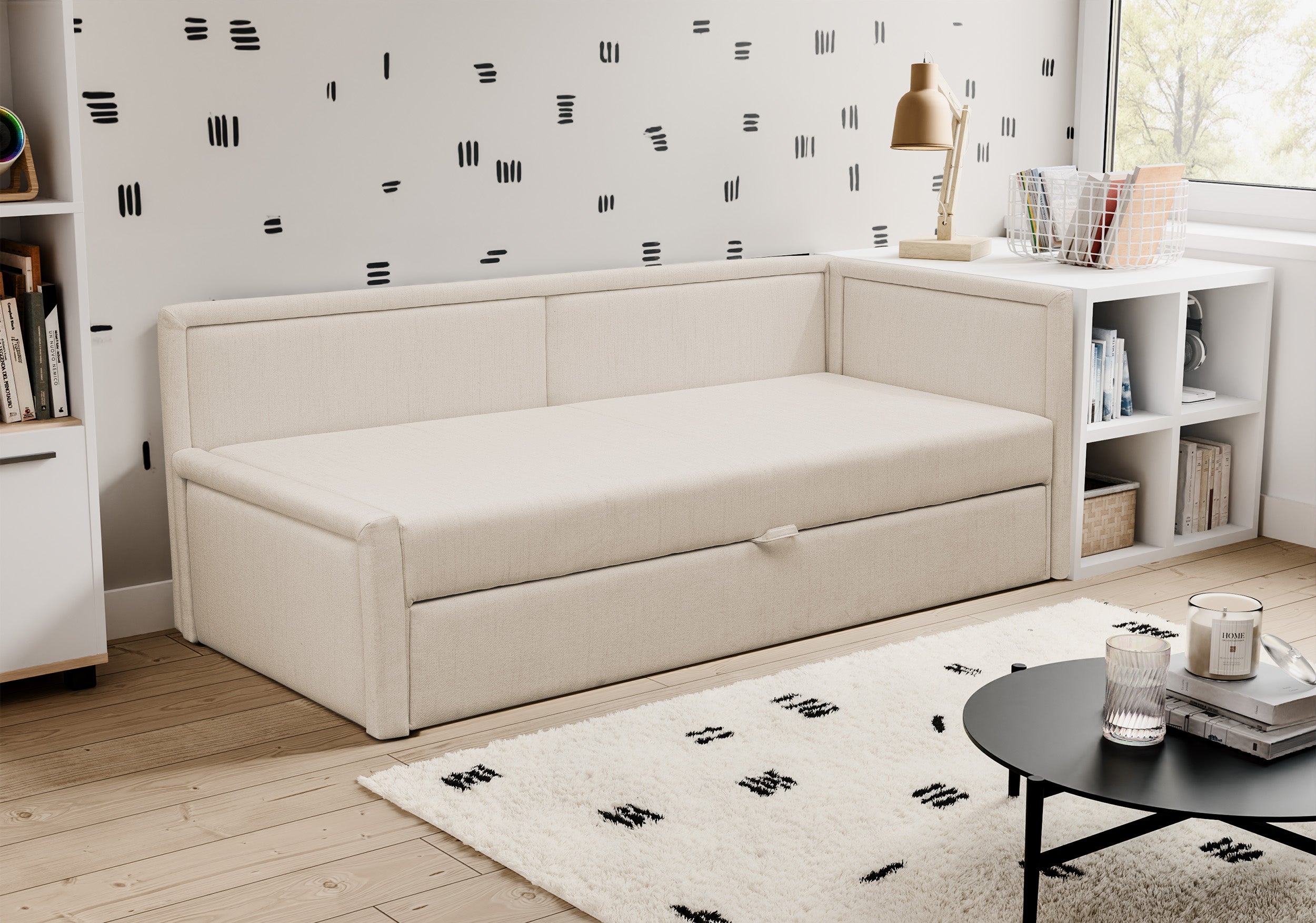 Ausziehbares Doppelbett Caprili in hellbeigem Flechtmuster, universell einsetzbar