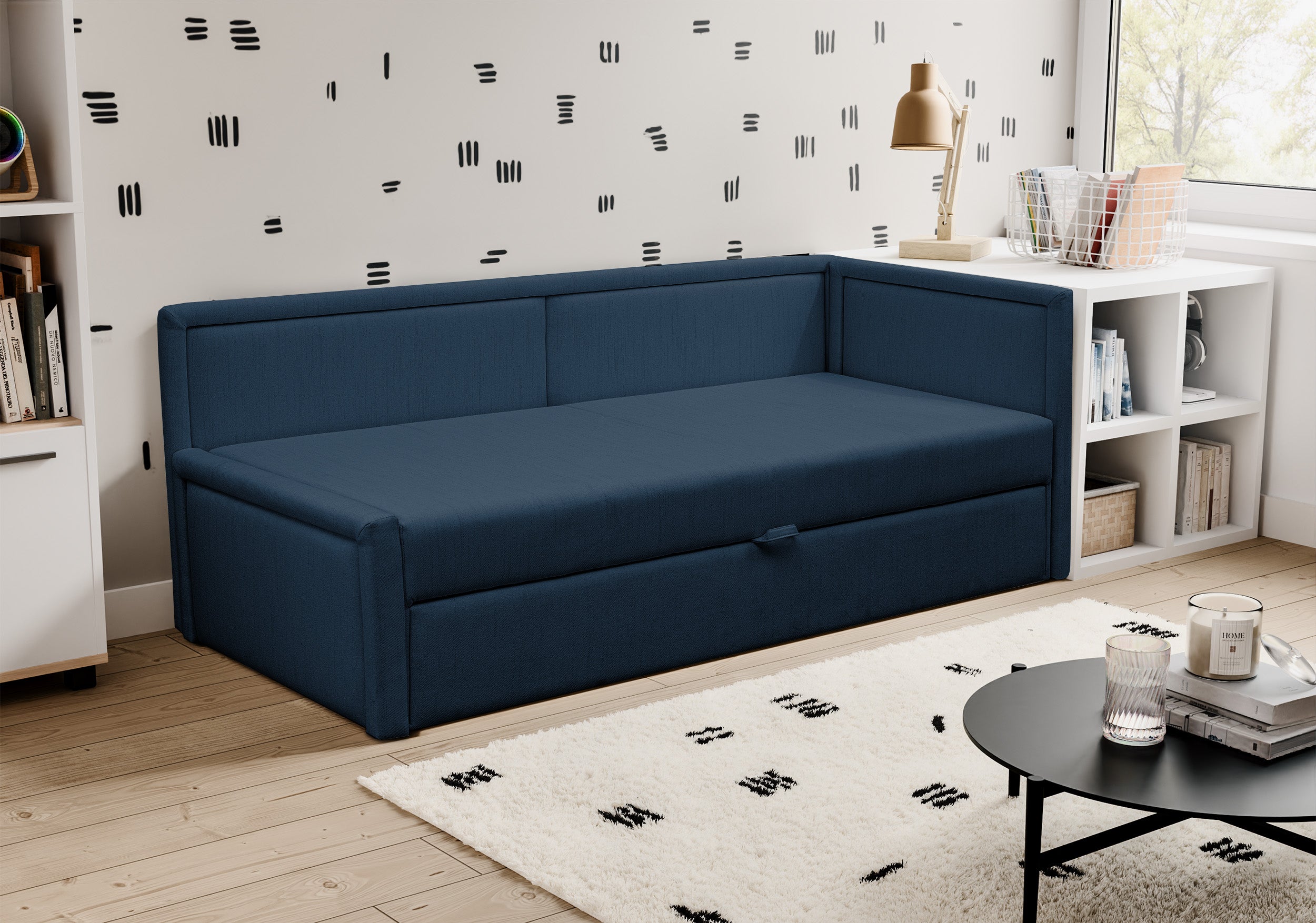 Ausziehbares Doppelbett Caprili, marineblau, Flechtmuster, universell einsetzbar