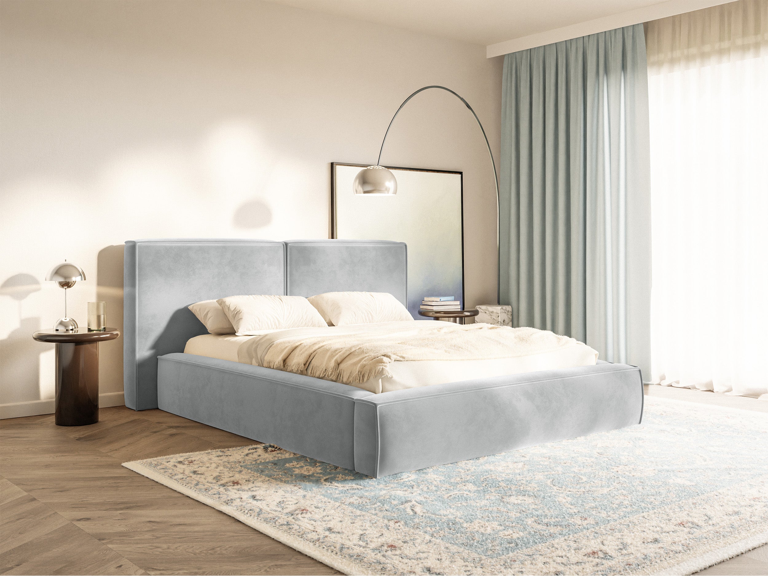 Polsterbett 140x200 cm Tilves mit Stauraum, Metallrahmen, hellgrauer Samt