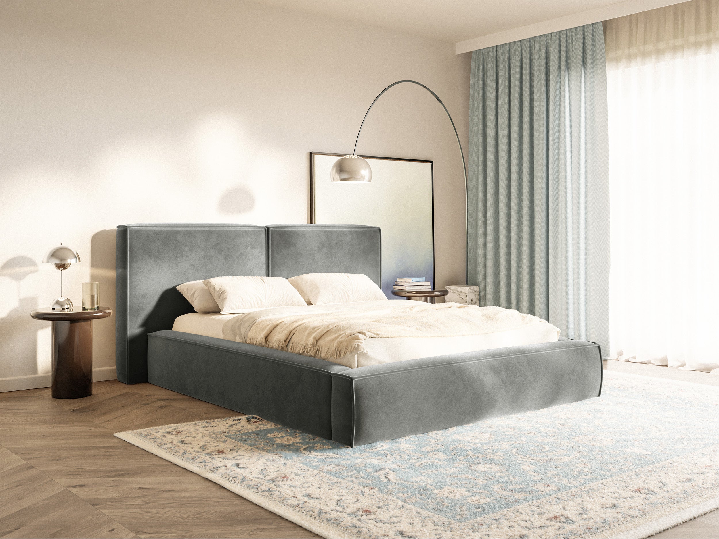 Polsterbett 200x200 cm Tilves mit Stauraum, Metallrahmen, grauer Samt