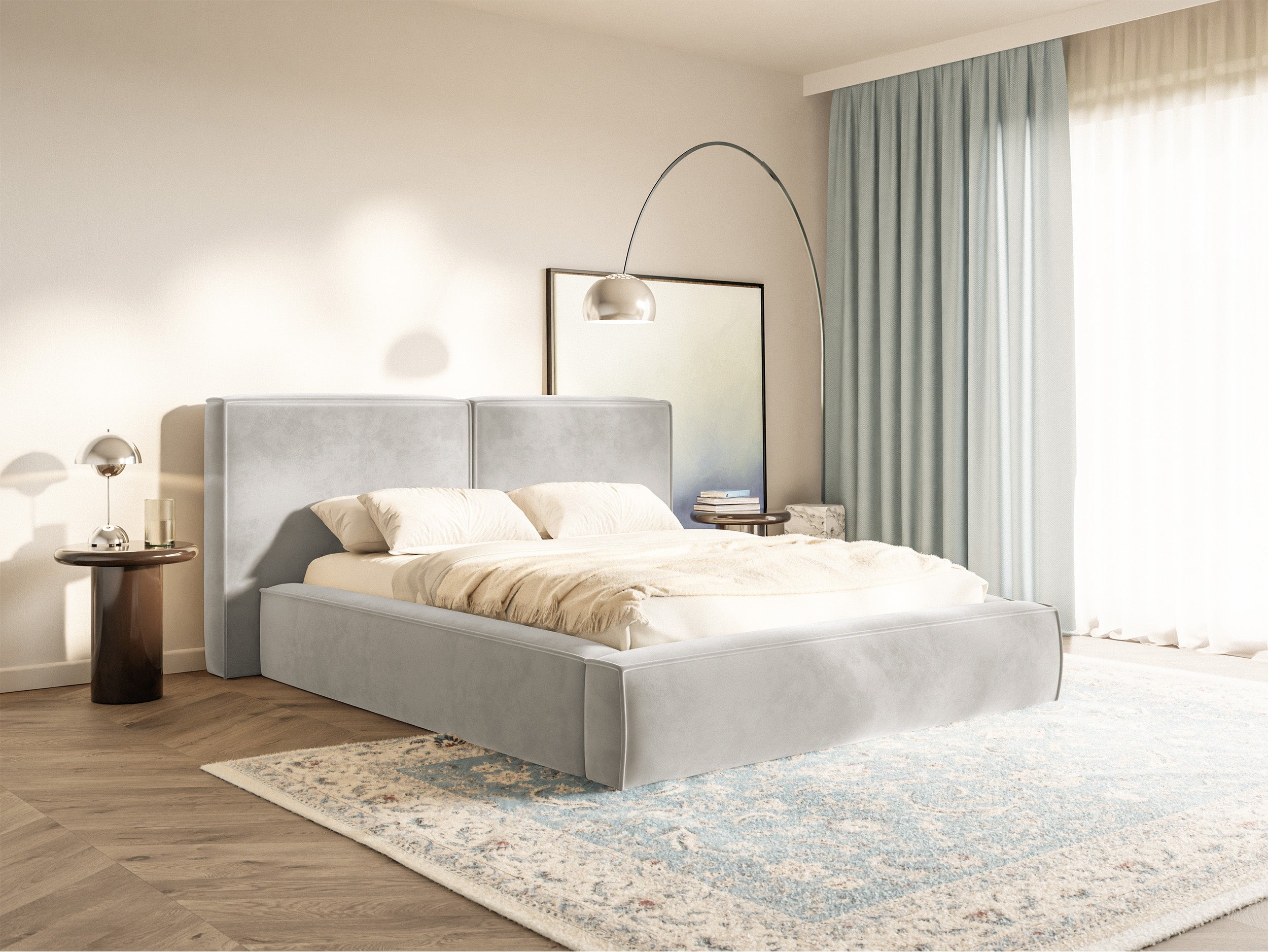 Polsterbett 140x200 cm Tilves mit Stauraum, Metallrahmen, grau-beiges Samtgewebe
