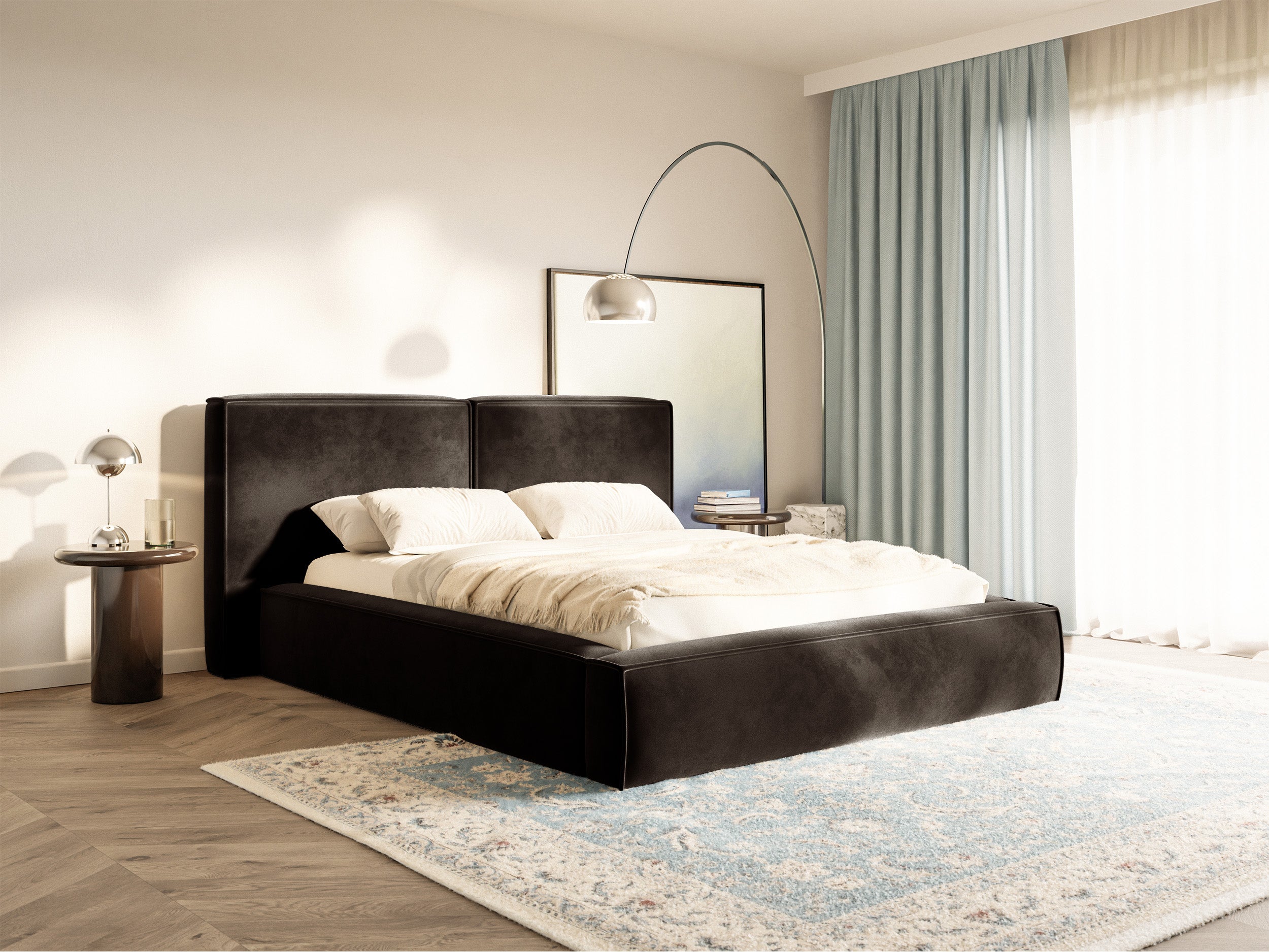 Gepolstertes Bett 200x200 cm Tilves mit Stauraum, Metallrahmen, brauner Samt