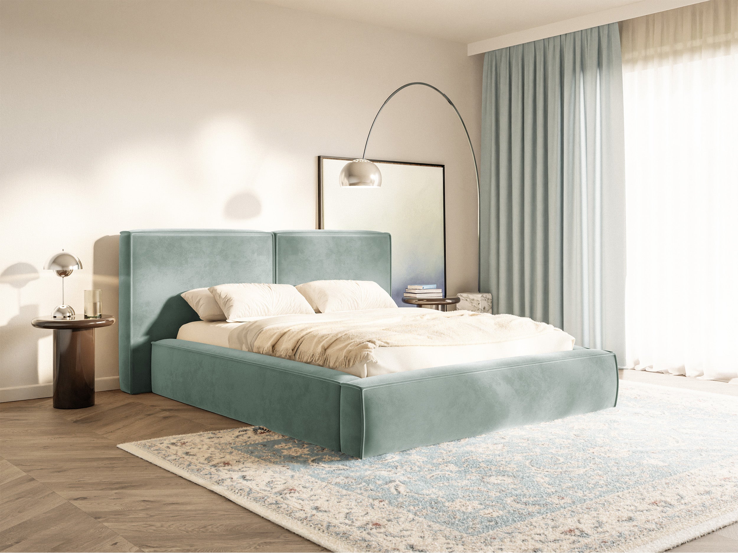 Polsterbett 140x200 cm Tilves mit Stauraum, Metallrahmen, Salbeigrüner Samtvelours