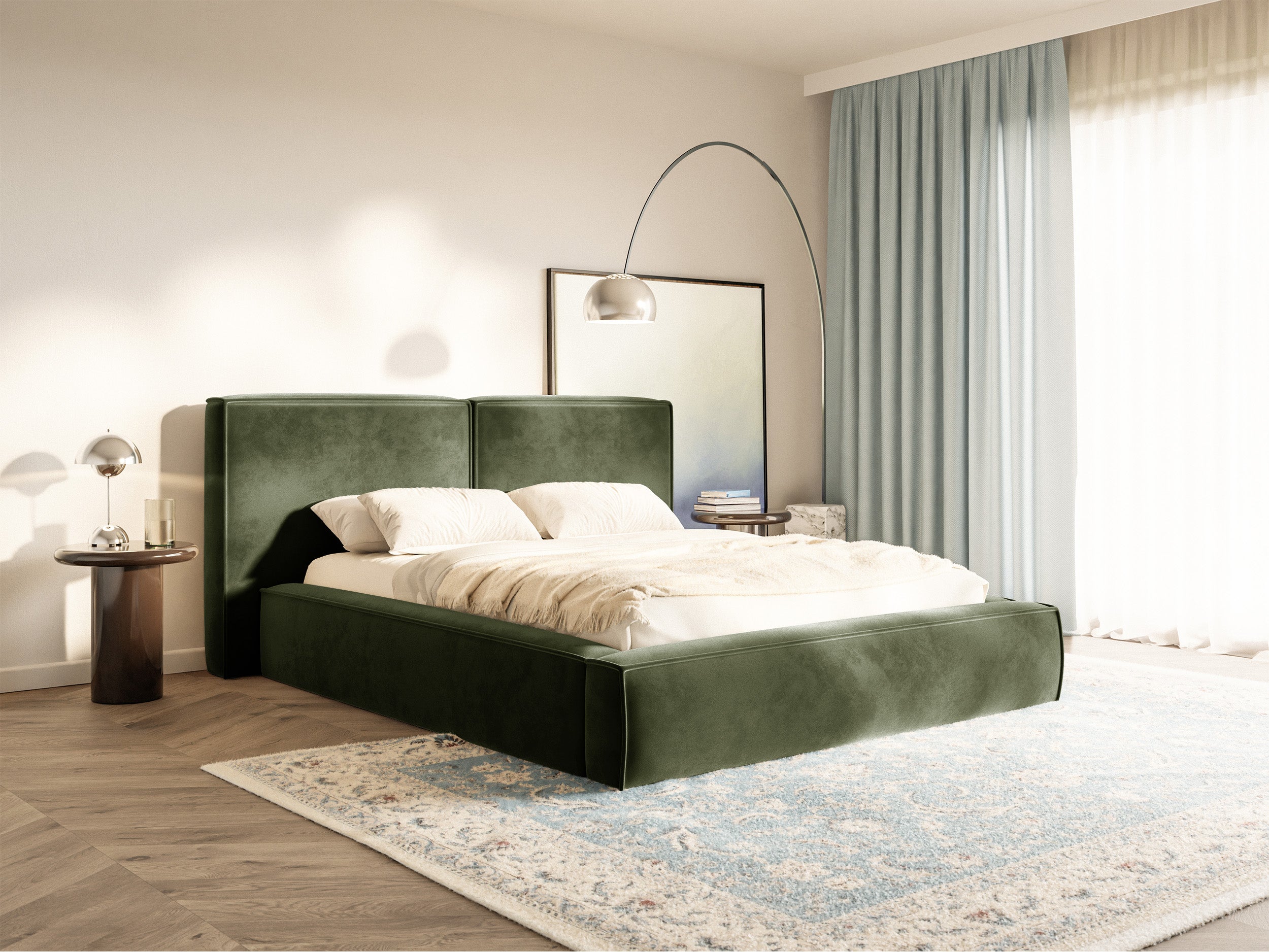 Polsterbett 160x200 cm Tilves mit Stauraum, Metallrahmen, olivgrüner Samt