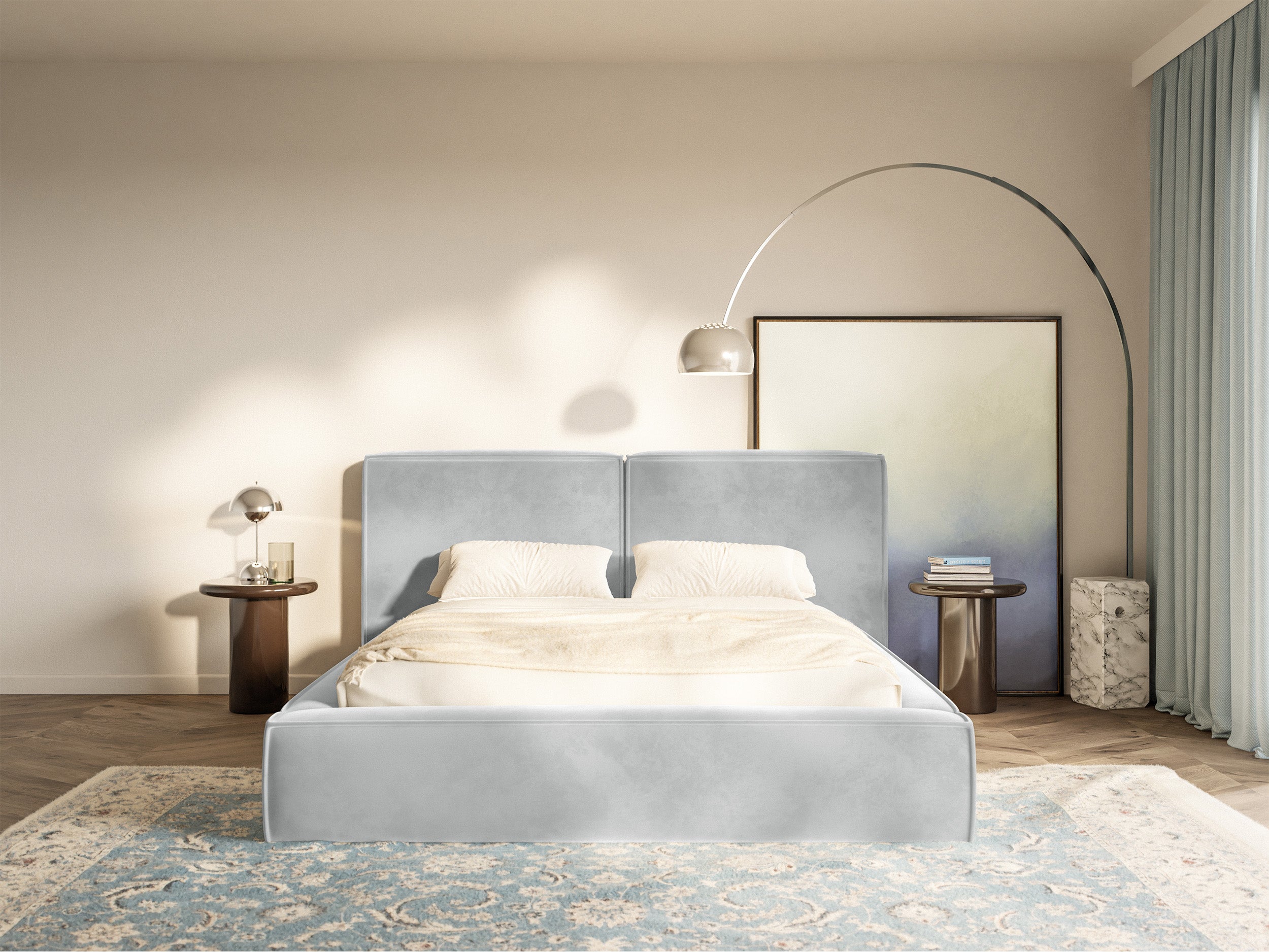 Polsterbett 140x200 cm Tilves mit Stauraum, Metallrahmen, hellgrauer Samt