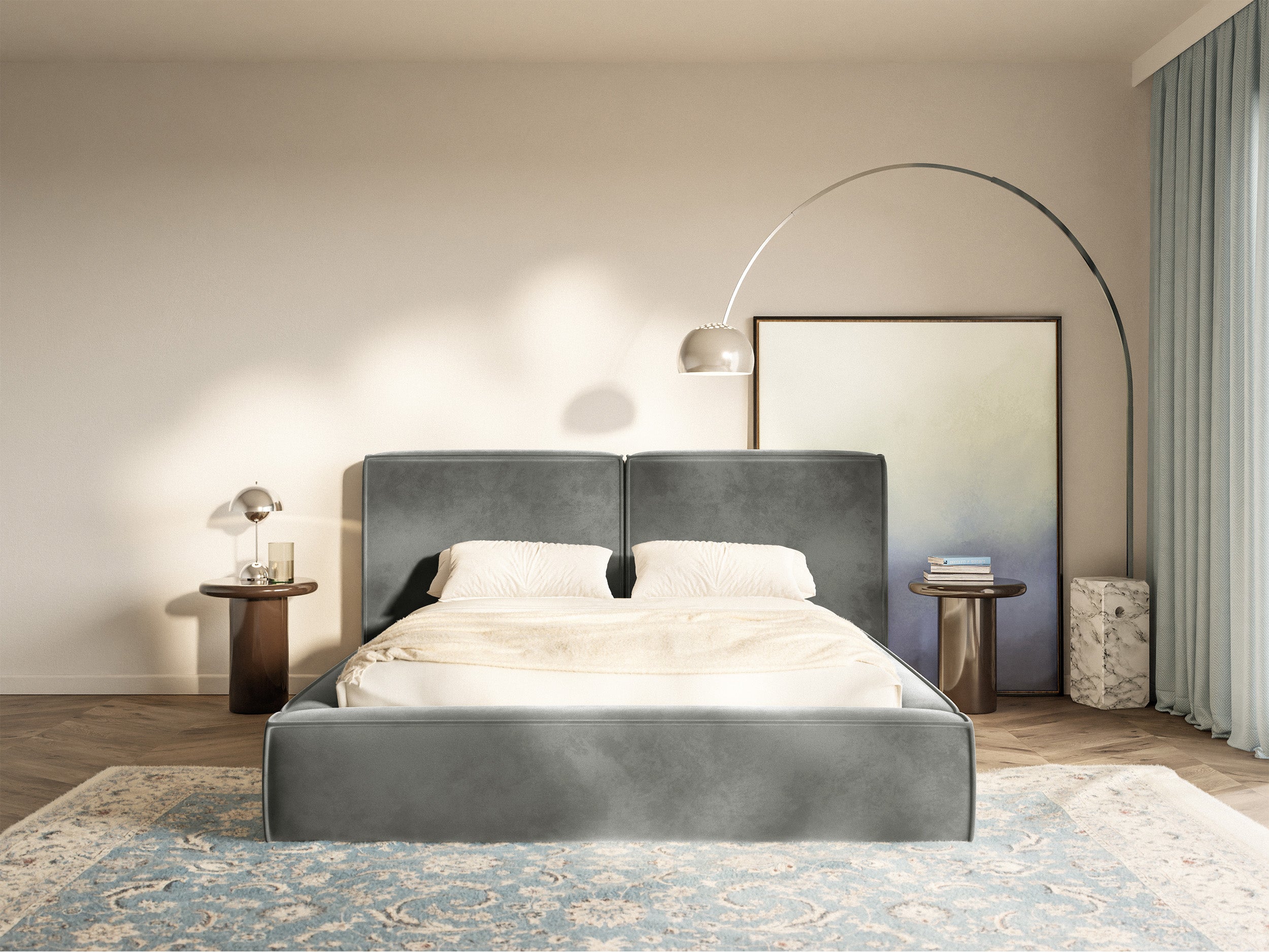 Polsterbett 200x200 cm Tilves mit Stauraum, Metallrahmen, grauer Samt
