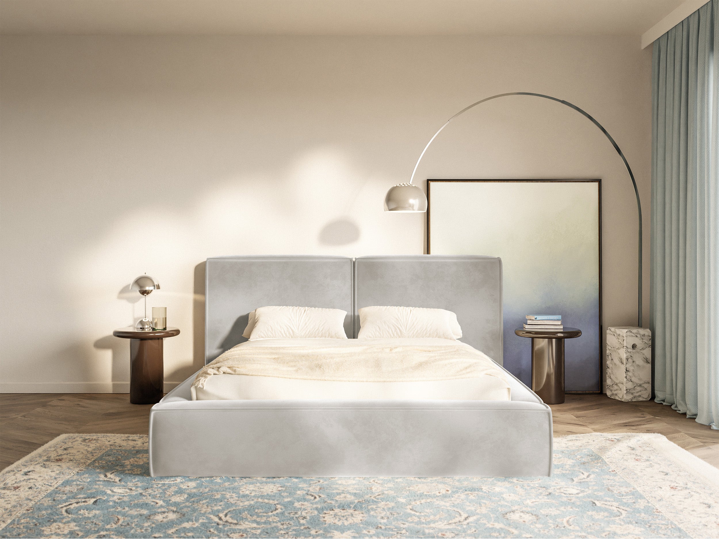 Polsterbett 160x200 cm Tilves mit Stauraum, Metallrahmen, grau-beiges Samt