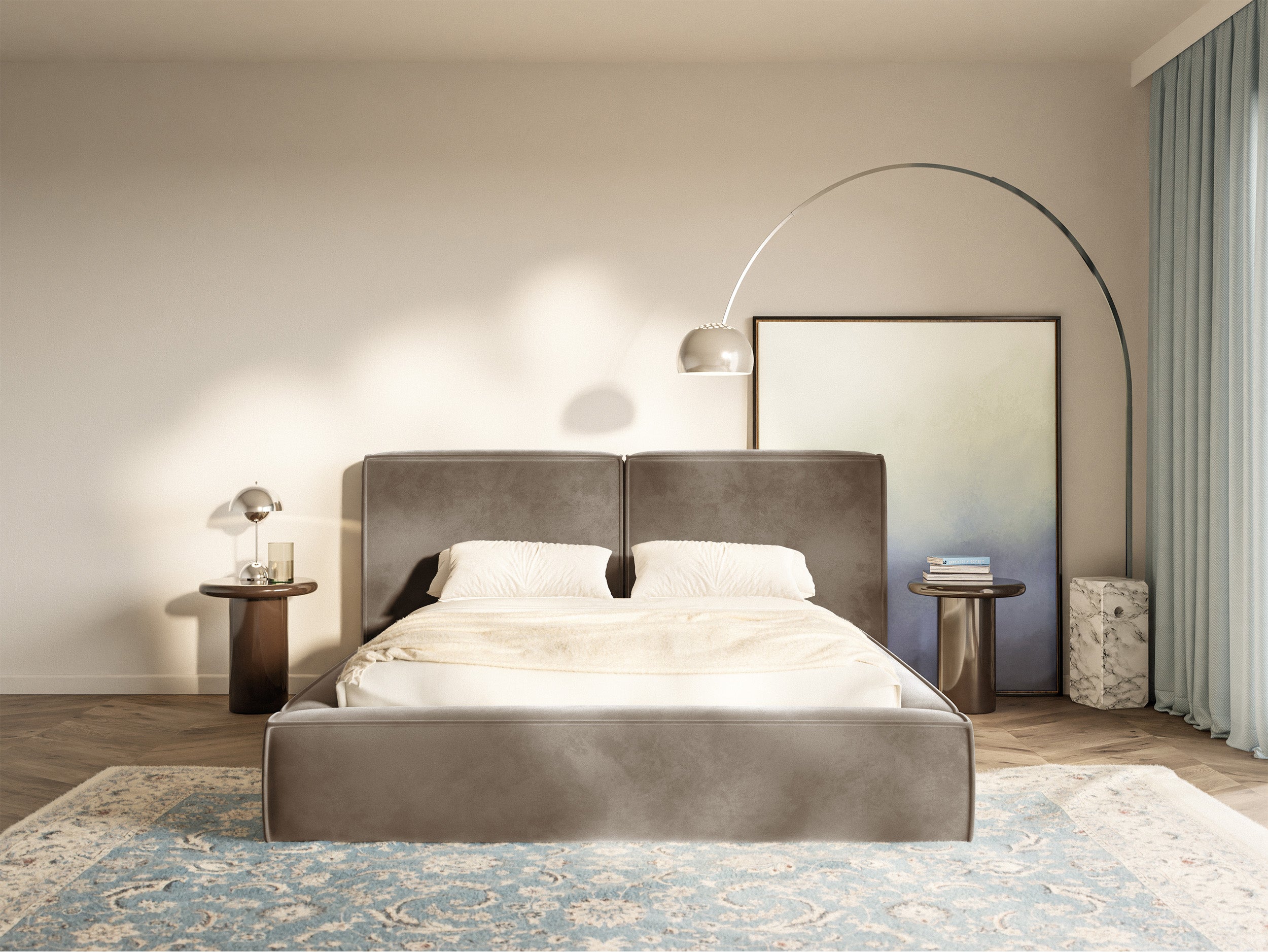 Gepolstertes Bett 180x200 cm Tilves mit Stauraum, Metallrahmen, hellbrauner Samt