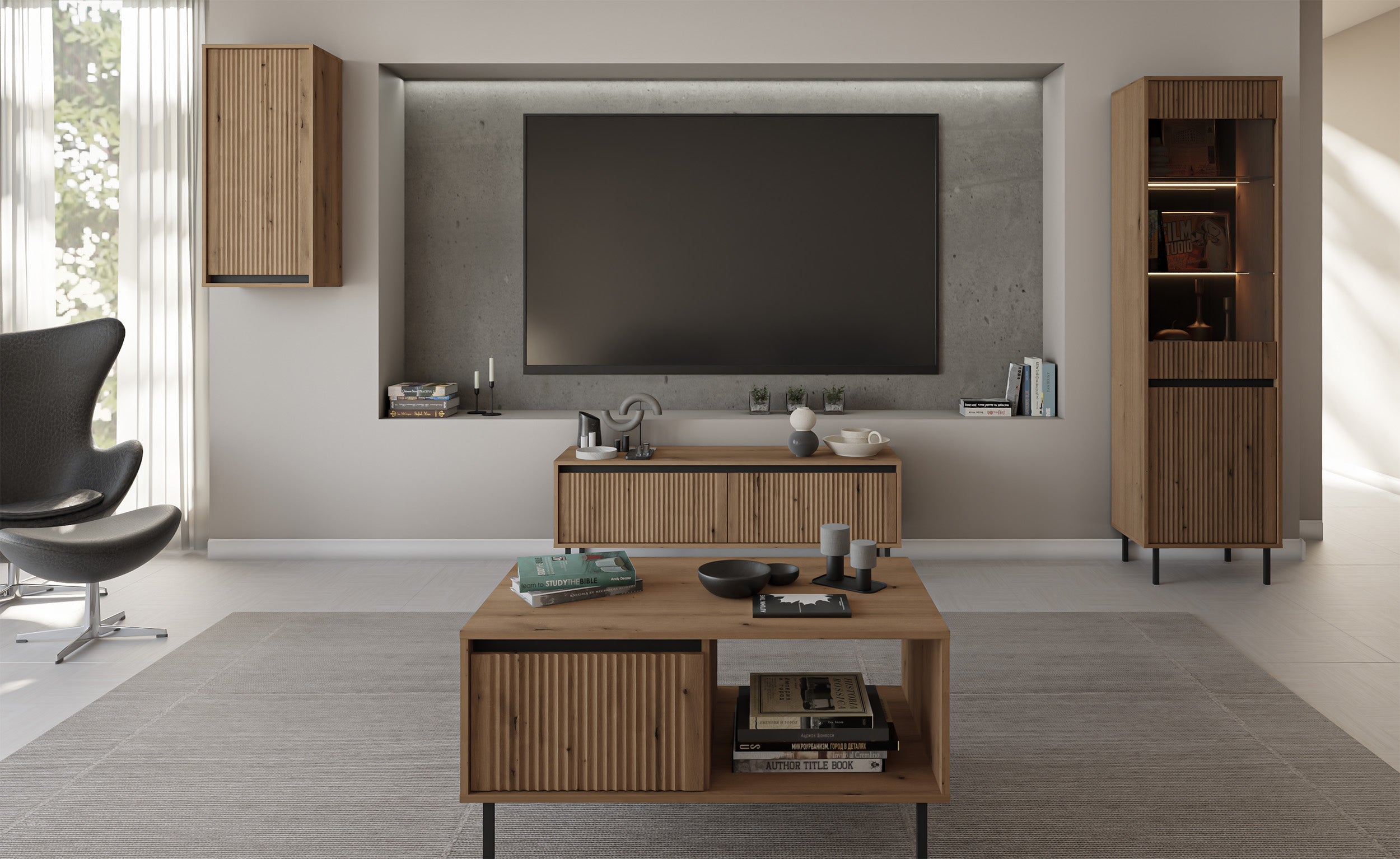 TV-Schrank Osaka mit zwei Schubladen und gerillten Fronten, 140 cm, Eiche Evoke auf schwarzen Beinen