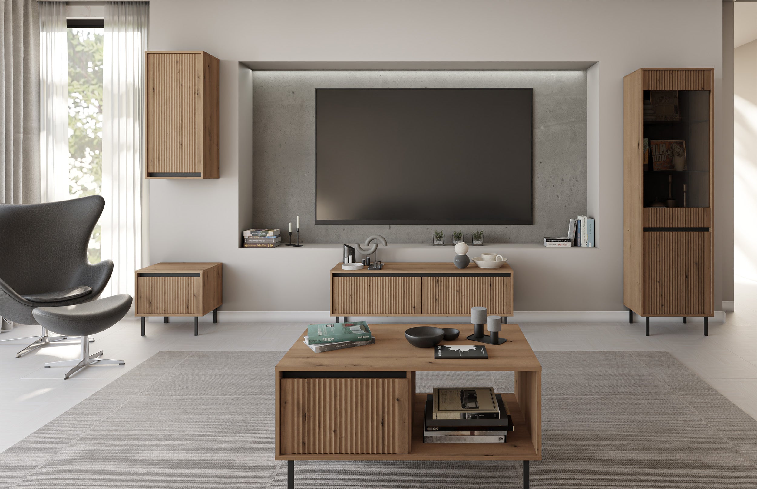Nachttisch Osaka mit Schublade und geriffelter Front, 52 cm, Eiche Evoke auf schwarzen Beinen